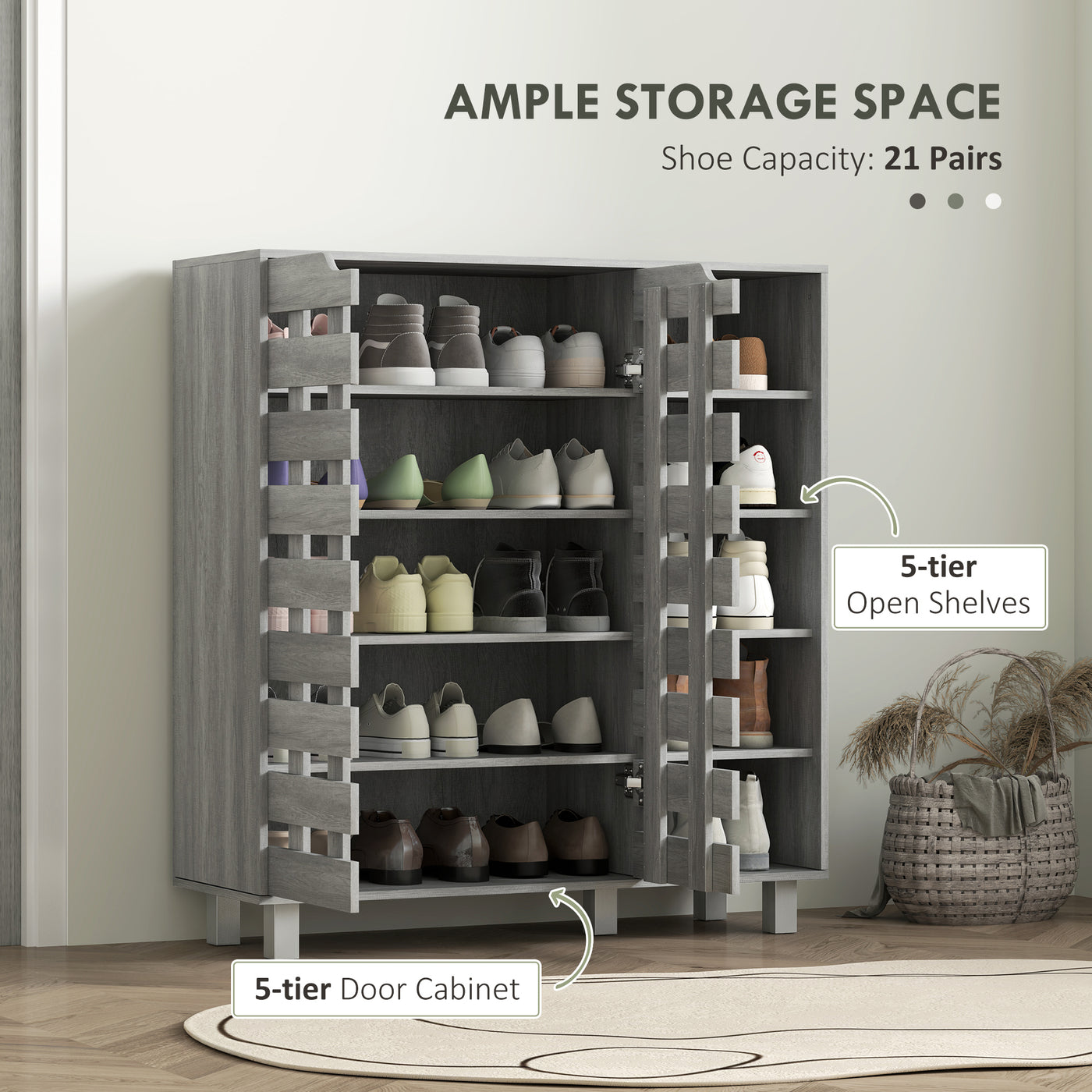 Shoe Cabinet, 21 Pair Shoe Storage Cabinet Organizer with 5-tier Double Door Cabinet and 5-tier Open Shelves, Light Grey