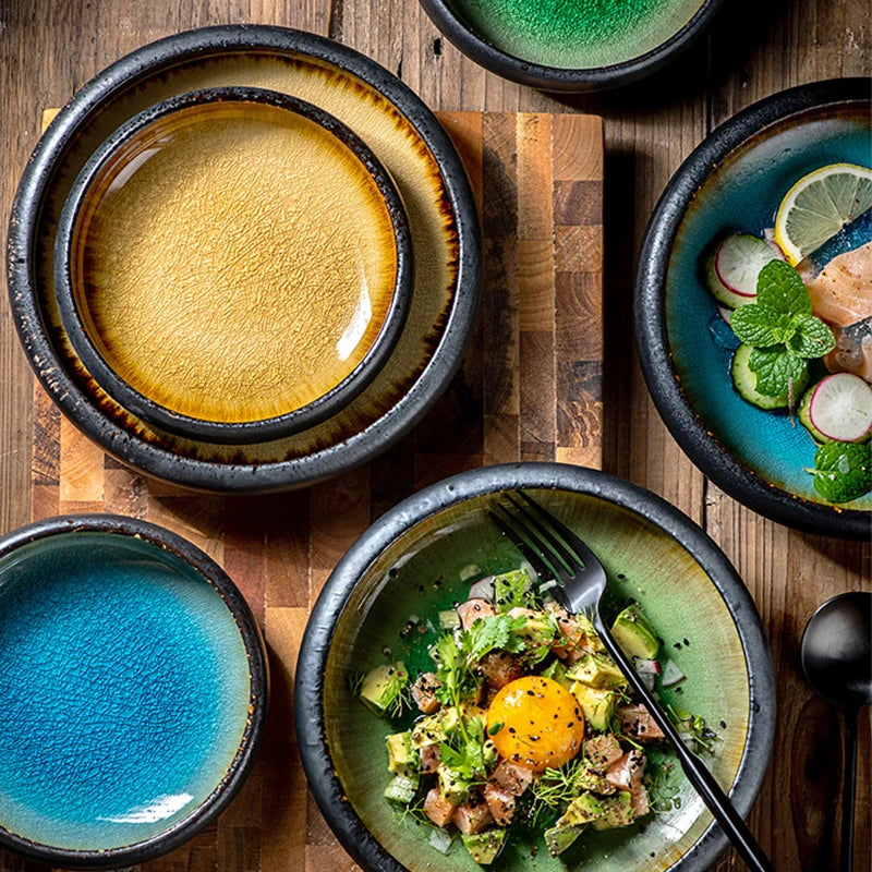 KINGLANG Creative Kiln Ice Split Glaze Ceramic Plate  Japanese Sushi Sashimi Plate Dish Salad Plate