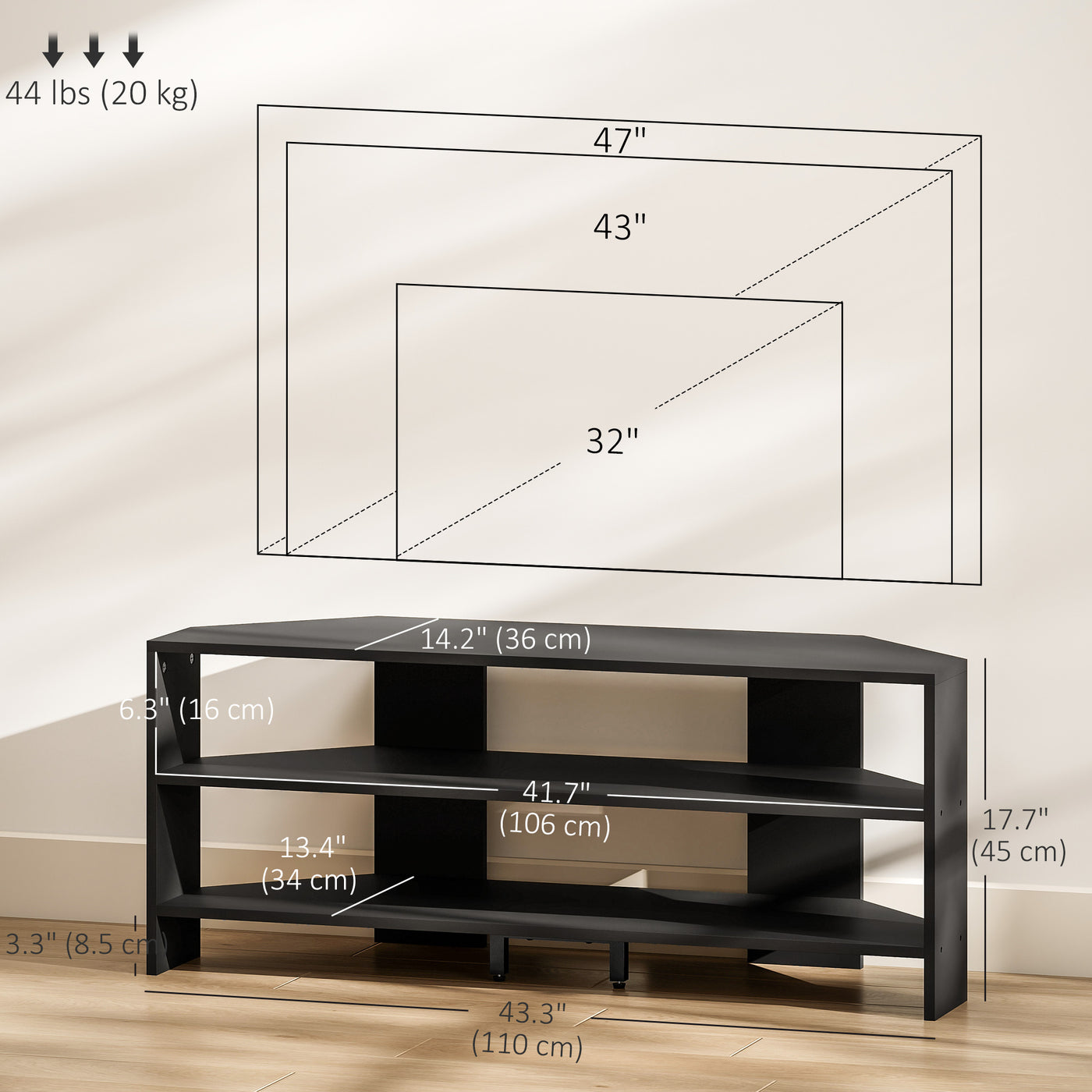 Corner TV Stand, Modern TV Table with 2 Open Shelves for 47 Inch TV, Entertainment Center for Living Room, Black