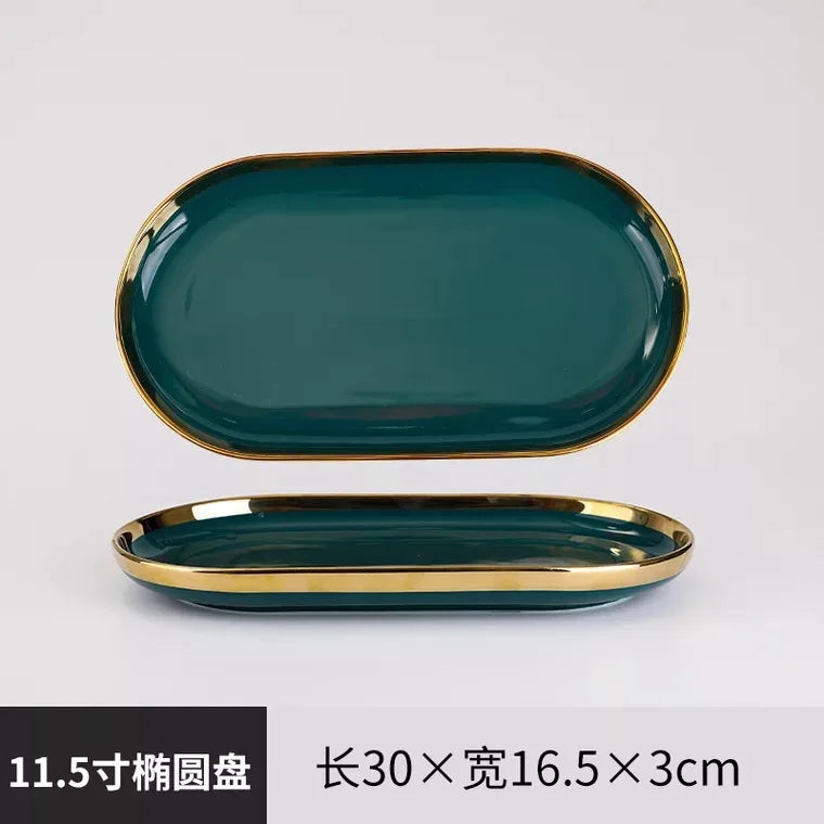 MT Nordic Light luxury golden border ceramic dishes dishes tableware high grade grandmother green household dishes steak plate