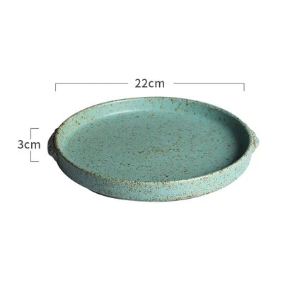 KINGLANG  Japanese Green Color Retro Handmade Ceramic Plates Single Home Restaurant Teacup Round Steak Plate Rice Salad Bowl