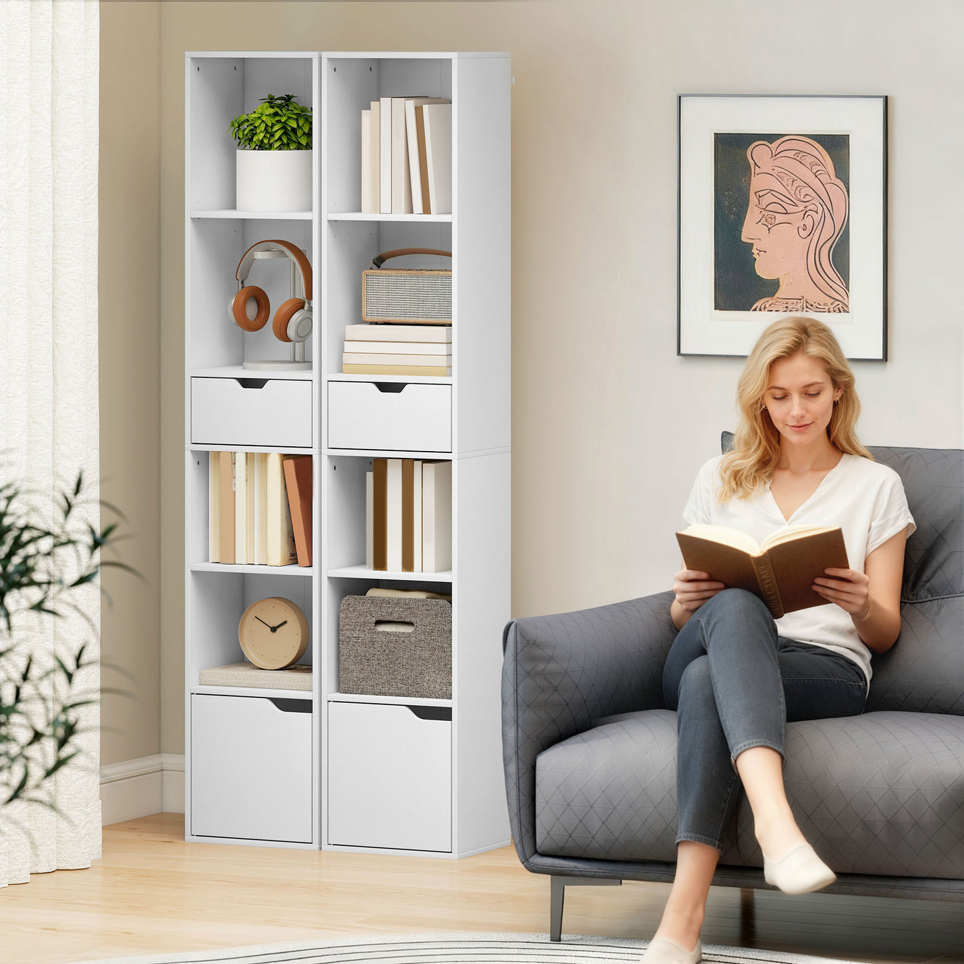 6-Tier Bookcase, Tall Narrow Bookshelf with Drawer and Door, White