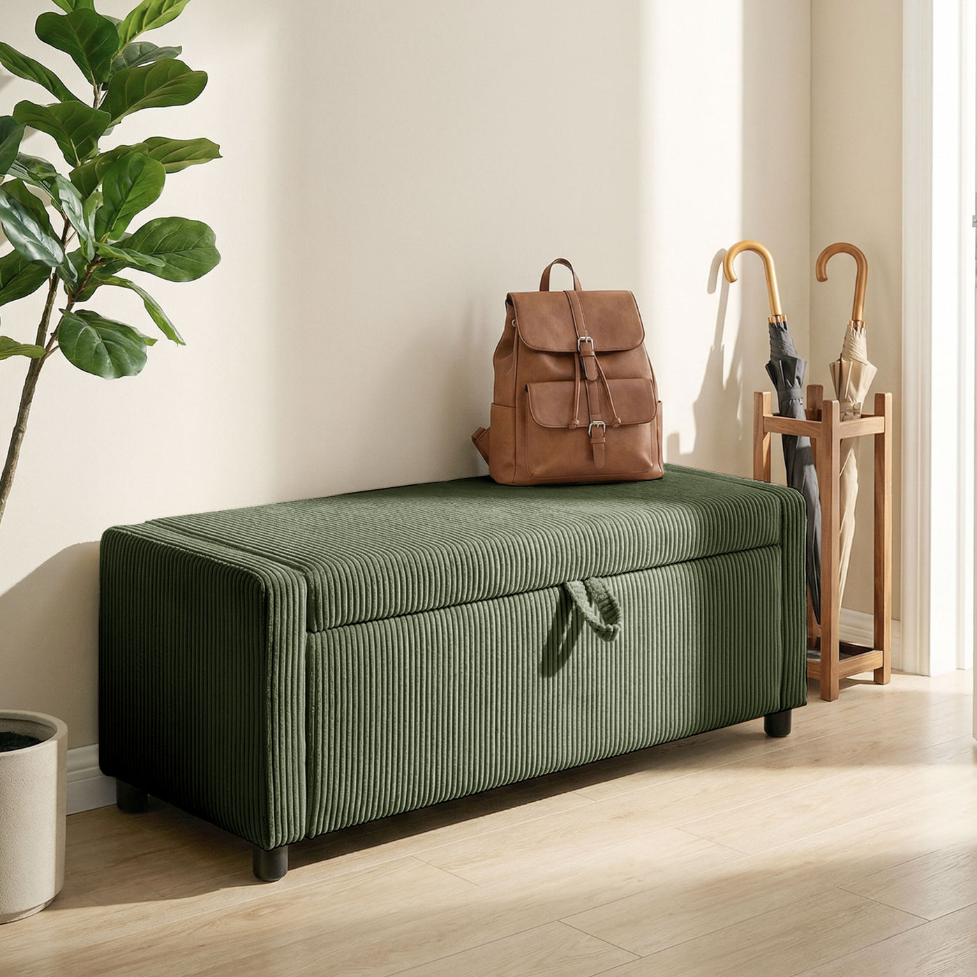 Storage Ottoman, Upholstered Corduroy End of Bed Bench with Thick Padding, Storage Bench for Bedroom, Dark Green