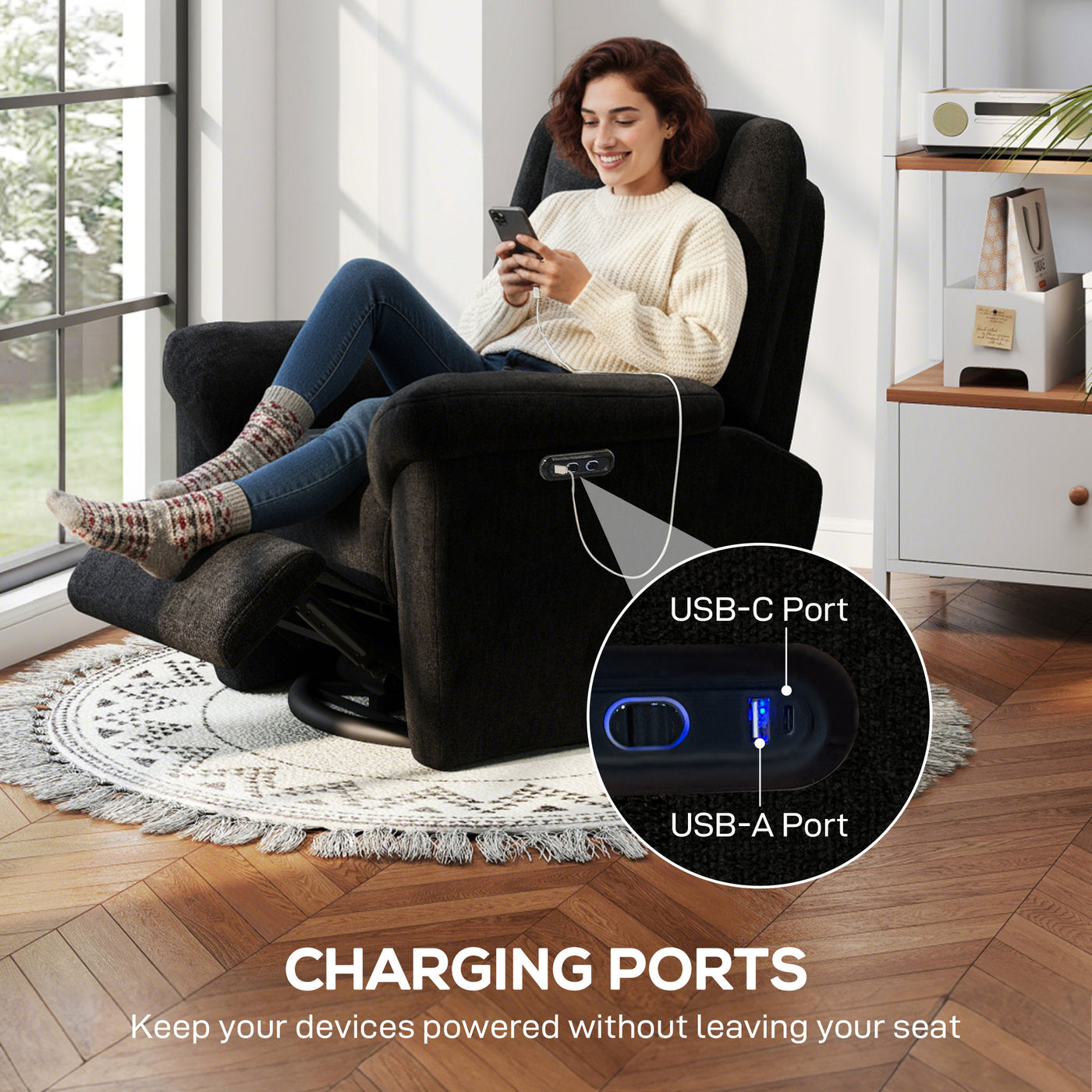 Power Recliner Chair, Fabric Upholstered Recliner Chair with USB Ports, Swivel and Rocking Function, Footrest, Black