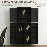 64" Tall Kitchen Pantry Cabinet with Spice Racks and Adjustable Shelves, Black Wood Grain
