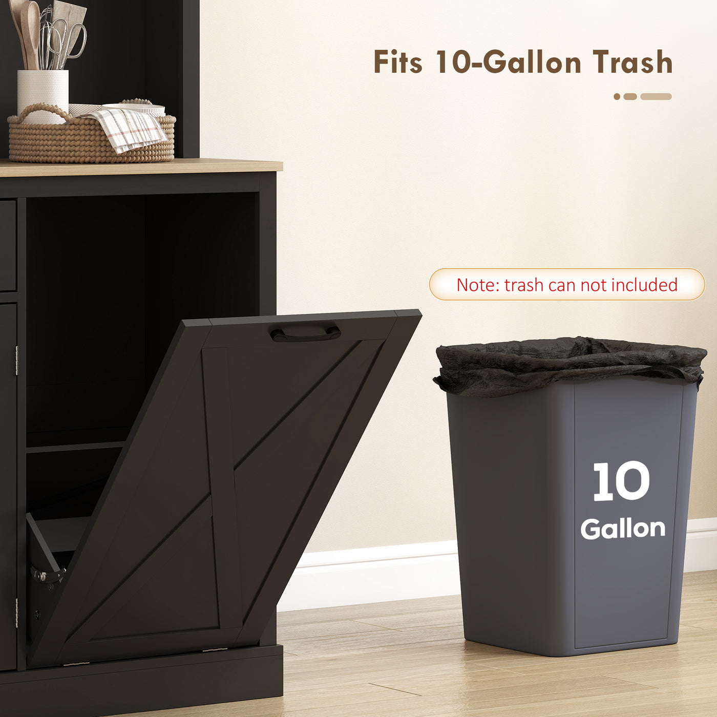 69" Pantry Cabinet with Charging Station, Kitchen Cabinet with Microwave Stand, Tilt-Out Trash Can Cabinet, Black