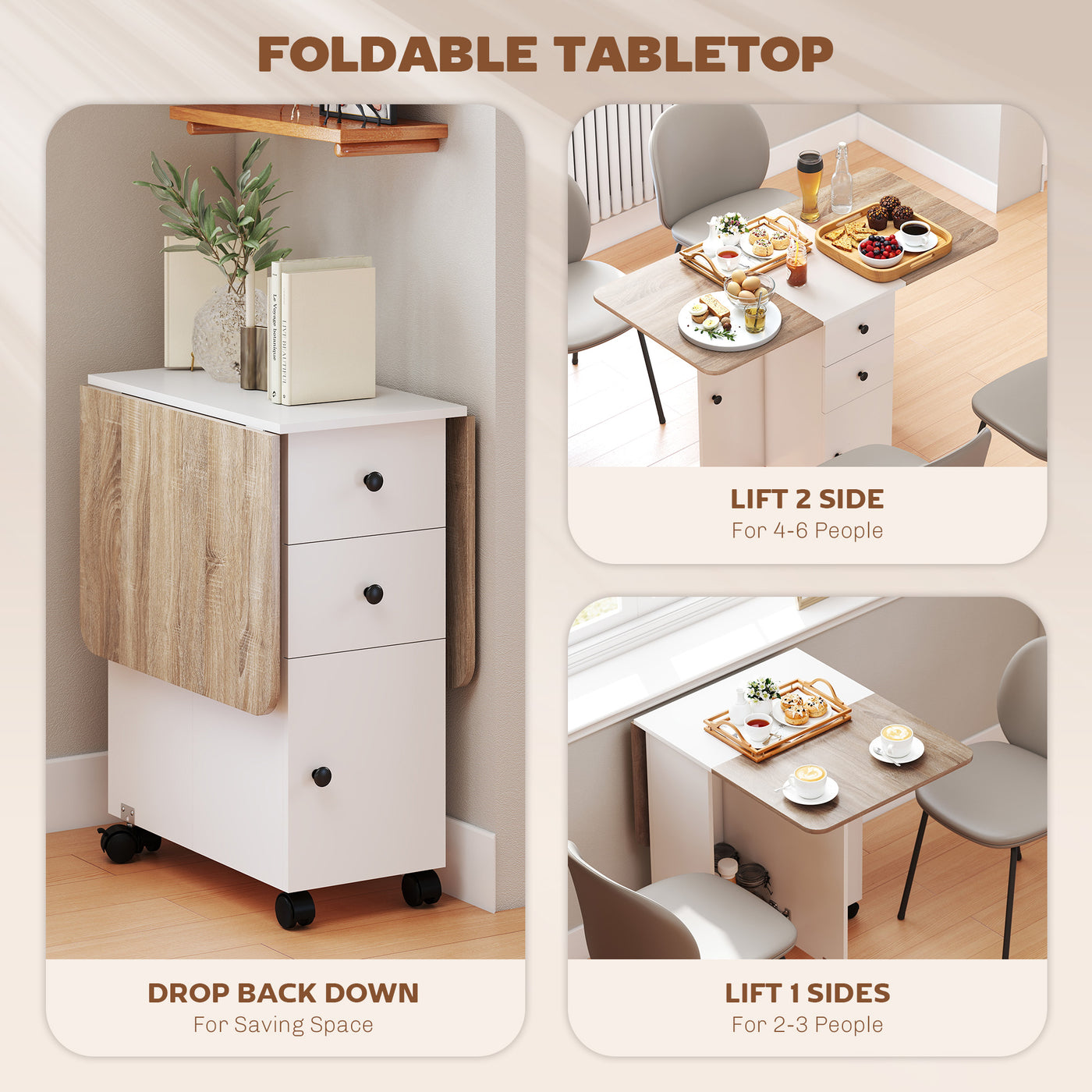 Drop Leaf Dining Table, Mobile Folding Table on Wheels with Drawers and Cabinet for Dining Room, Kitchen, White and Oak