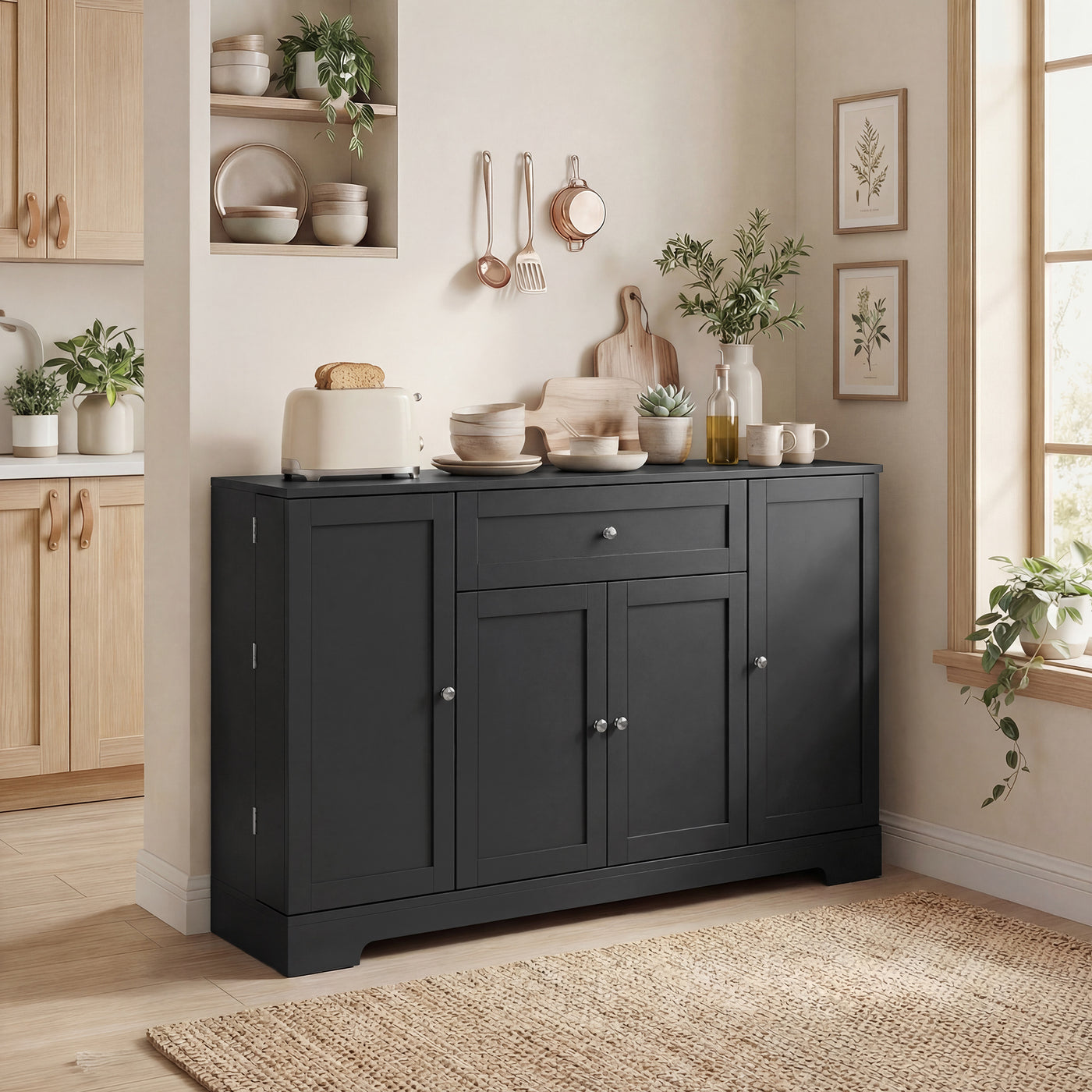 55" Modern Kitchen Storage Cabinet with Drawer, Adjustable Shelves, Small Kitchen Pantry with Door Racks, Black