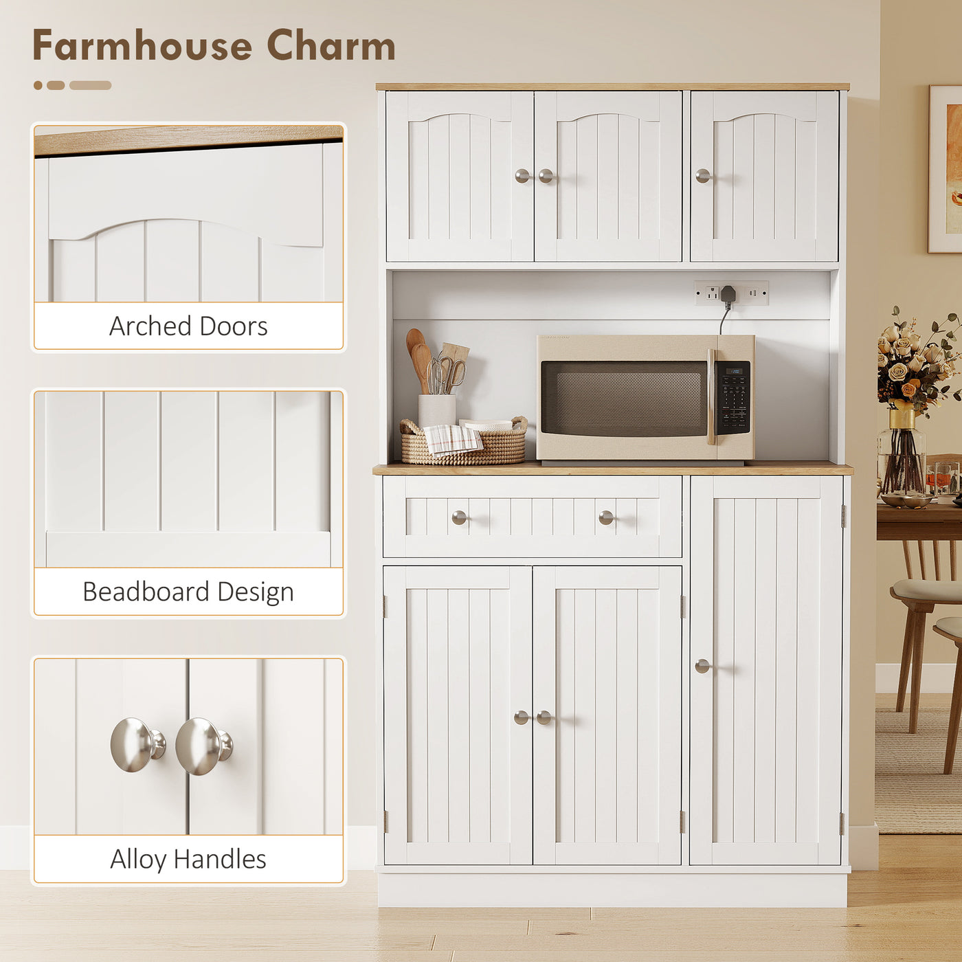 68" Pantry Cabinet with Charging Station, Kitchen Storage Cabinet with Microwave Stand, 4 Door Racks, White