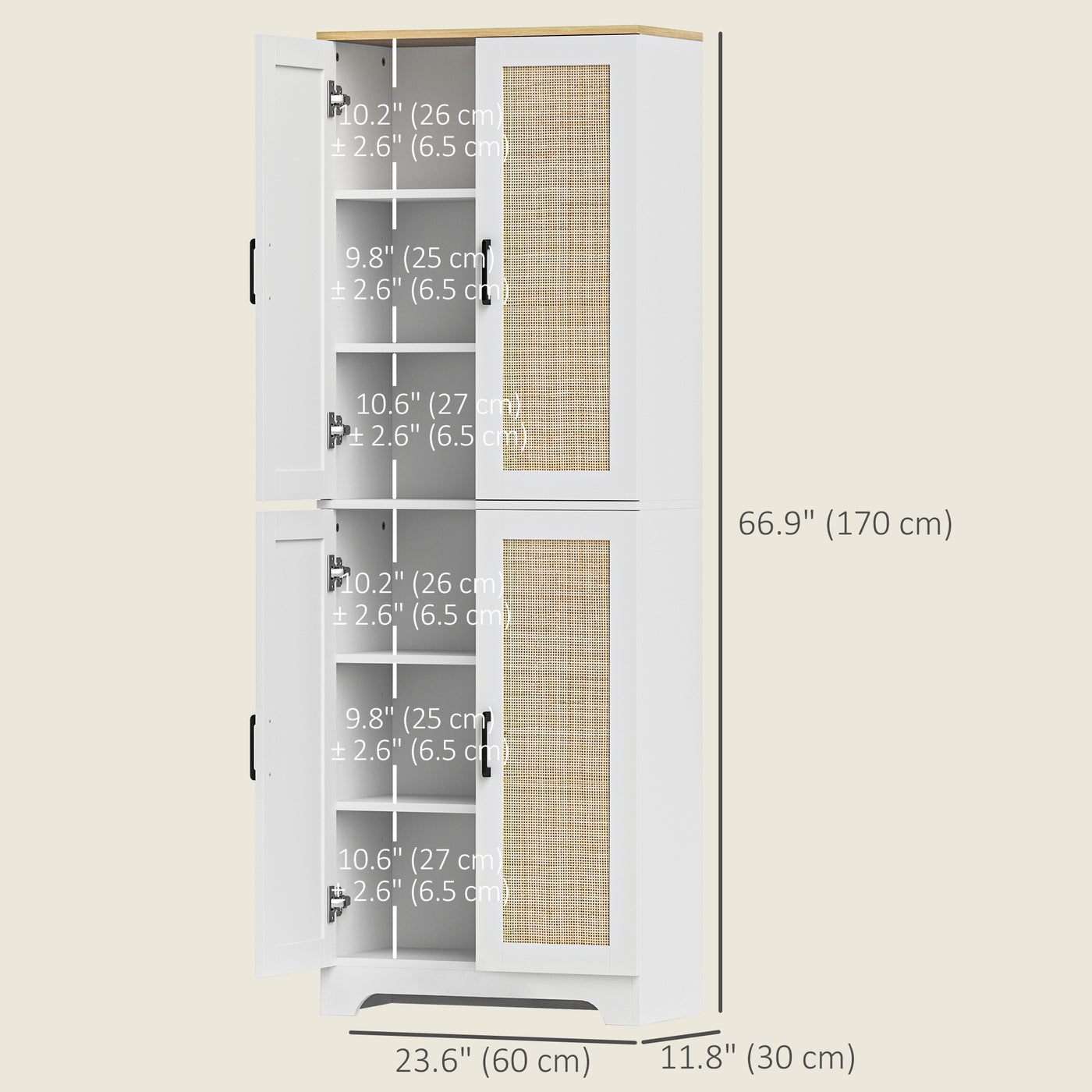67" Tall Kitchen Pantry, Freestanding Kitchen Storage Cabinet with 4 Rattan Doors and Adjustable Shelves, White