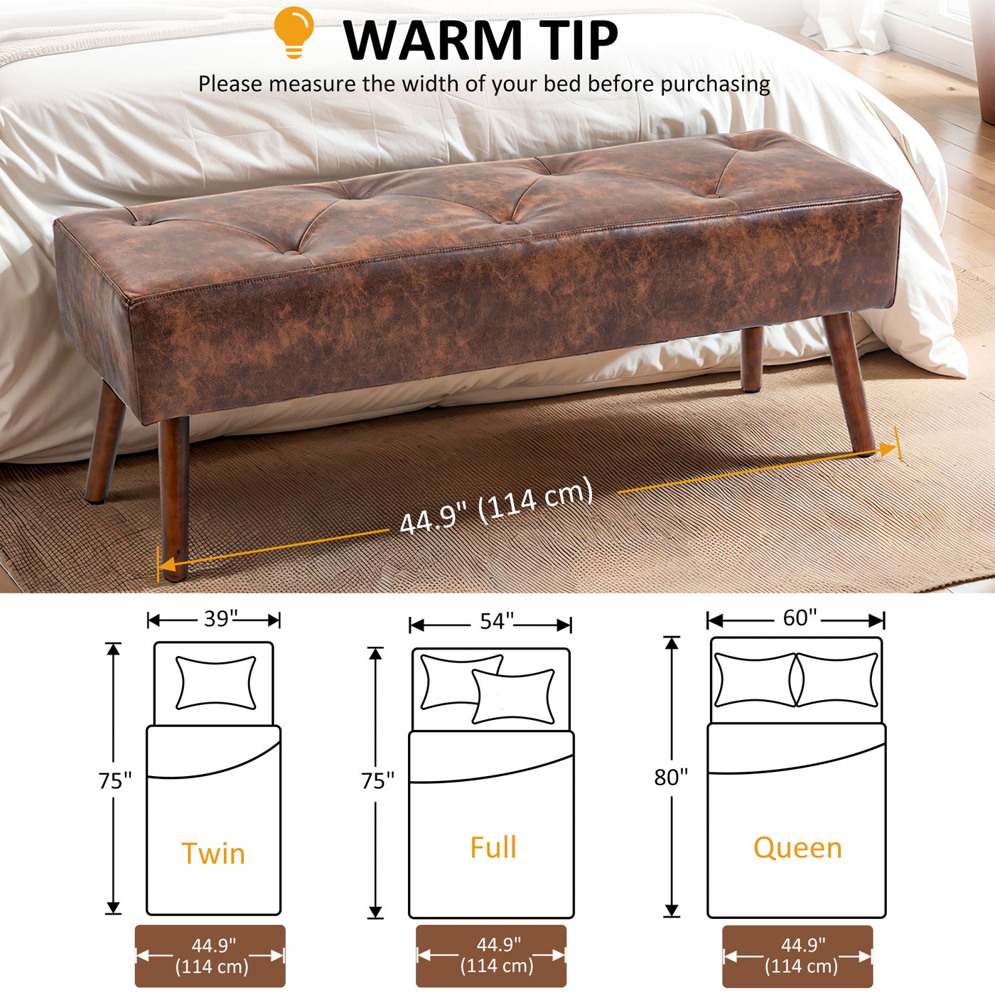 Bedroom Bench, End of Bed Bench with Button Tufted, PU Leather Upholstered Entryway Bench with Wood Legs, Brown