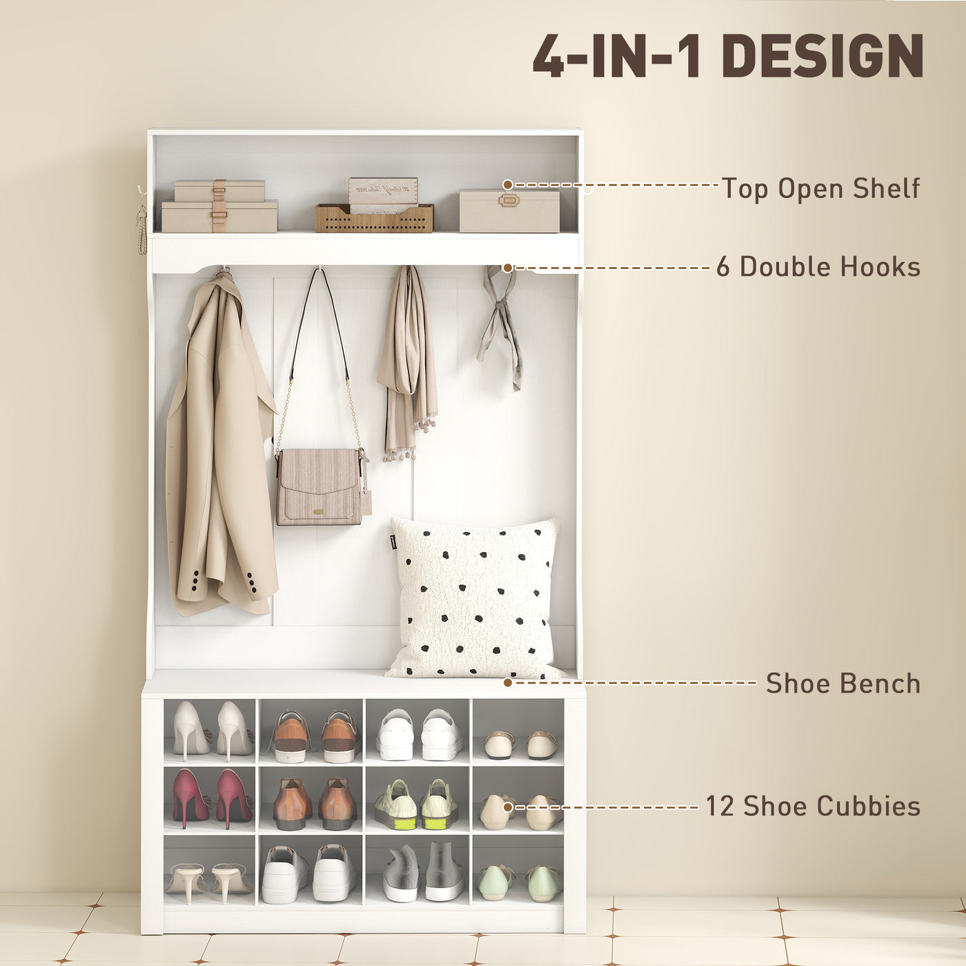4-In-1 Hall Tree with Bench and Shoe Storage, Farmhouse Coat Rack Shoe Bench with 12 Shoe Cubbies, 6 Hooks, White