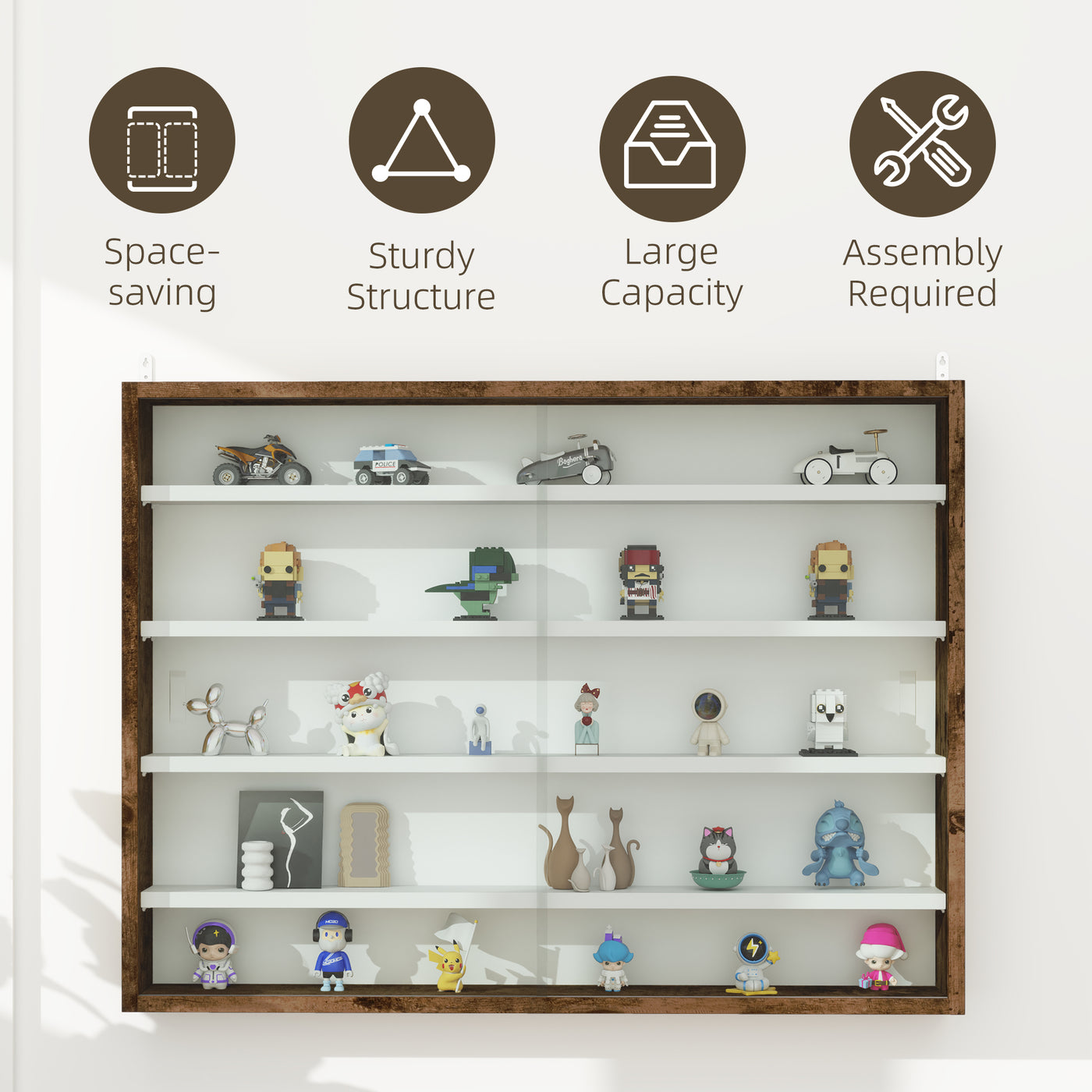 5-Tier Display Cabinet, Shot Glass Display Case, Glass Curio Cabinet with 2 Glass Doors and 4 Adjustable Shelves, Brown