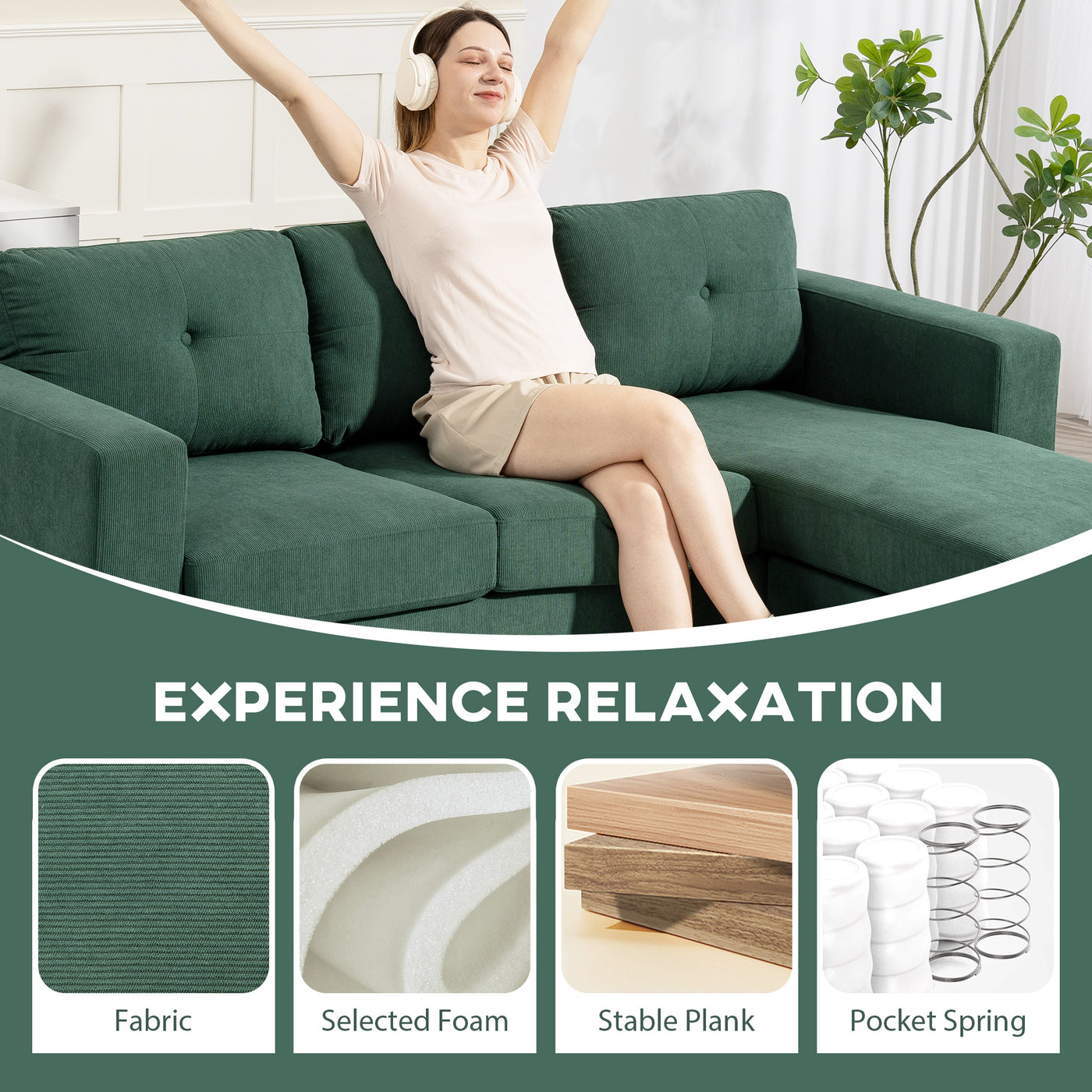Sectional Sofa with Changeable Chaise Lounge, 3 Seat L-Shaped Sofa, Upholstered Couch for Small Space, Dark Green