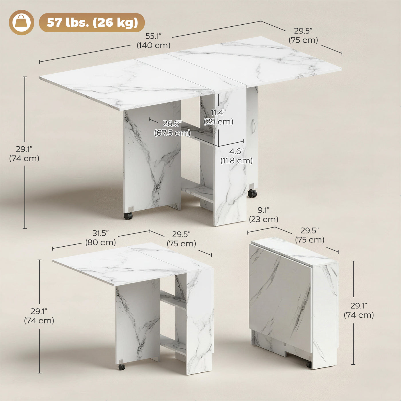 Extendable Dining Table, Collapsible Folding Table with 2-tier Shelves and Rolling Casters, Marble White
