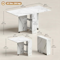 Extendable Dining Table, Collapsible Folding Table with 2-tier Shelves and Rolling Casters, Marble White
