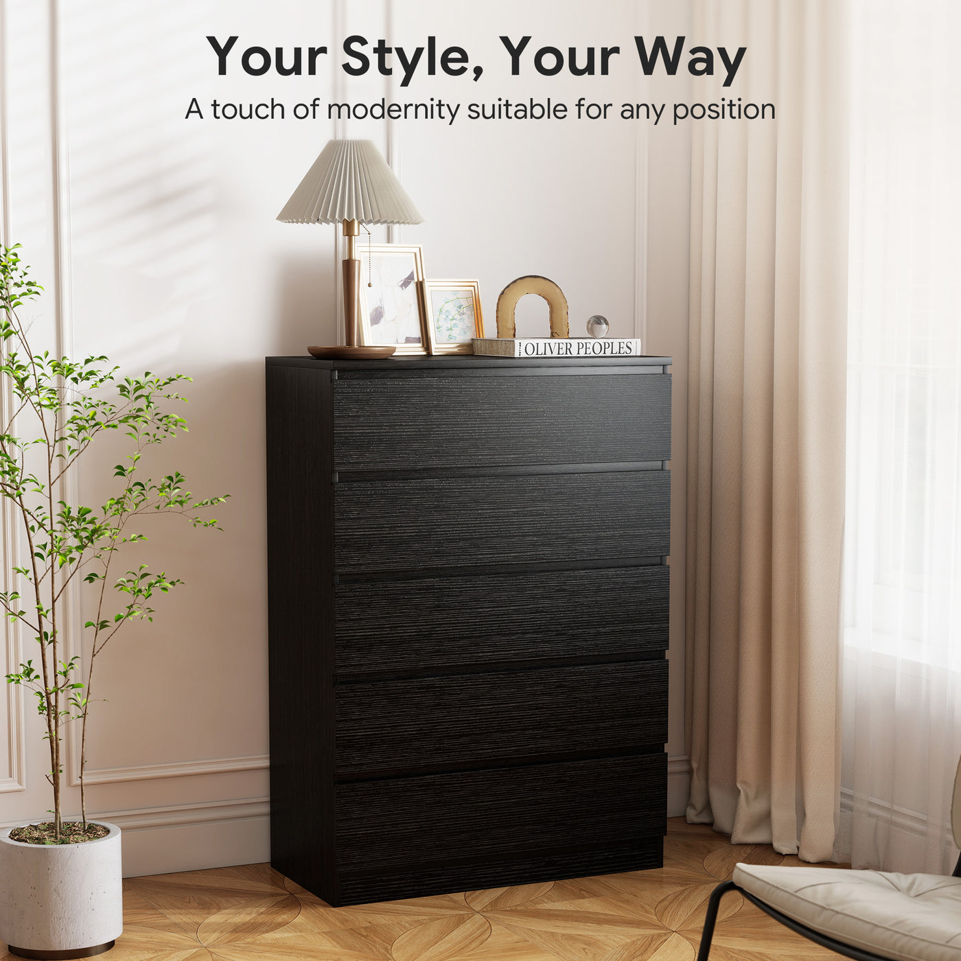 Dresser for Bedroom with 5 Drawers, Modern Chest of Drawers for Living Room, Closet, Hallway, Black