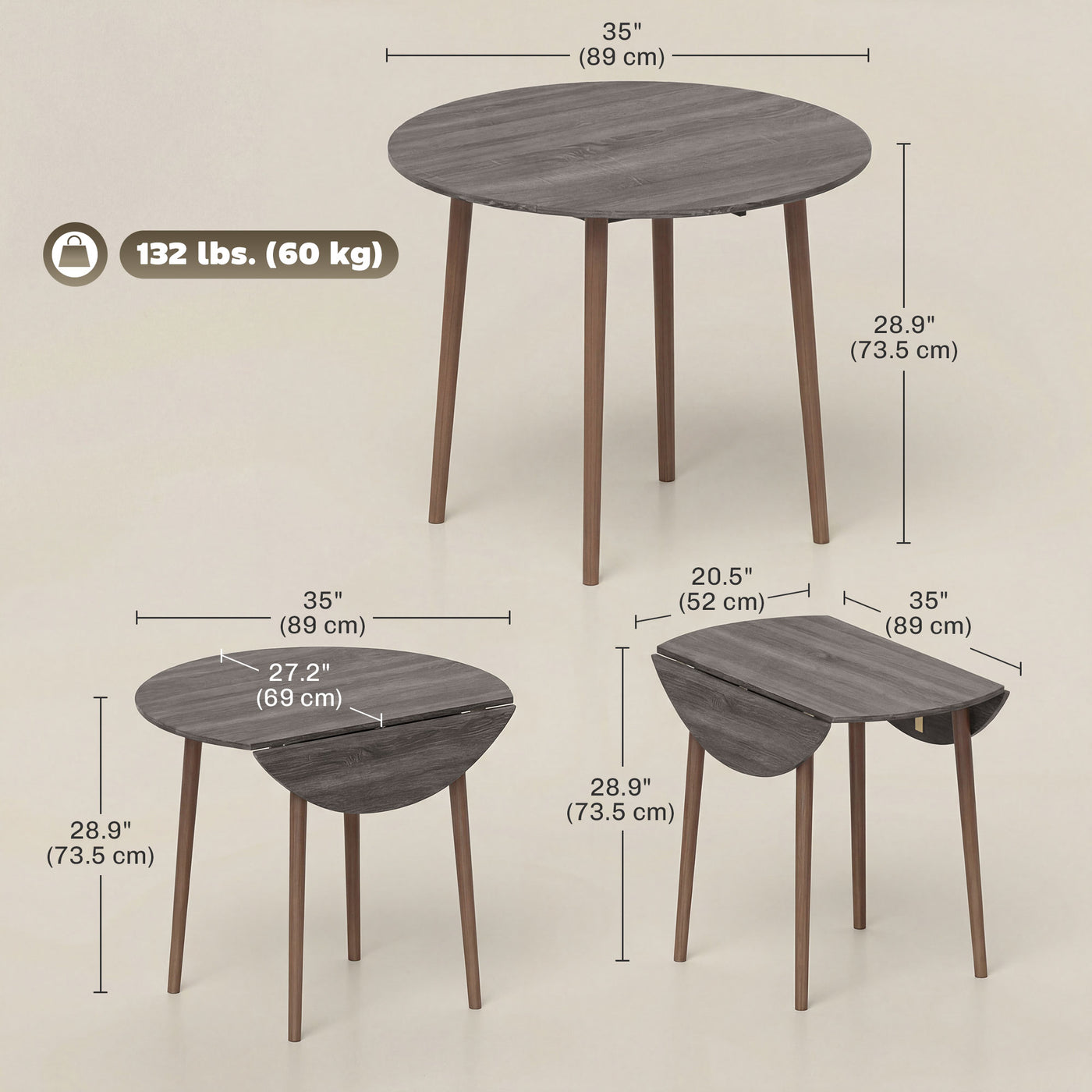 35" Folding Dining Table, Collapsible Drop Leaf Table with Round Tabletop, Wood Legs, Distressed Light Grey