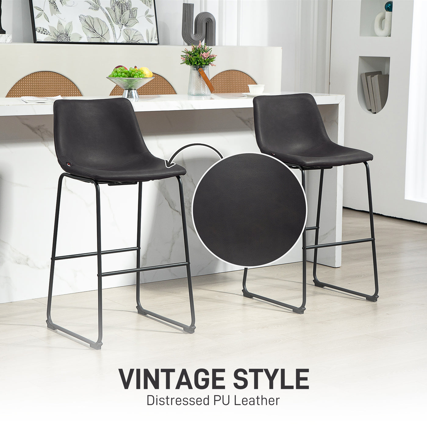 Counter Height Bar Stools Set of 2, Vintage PU Leather Bar Chairs, Kitchen Stool with Footrest, Dark Brown
