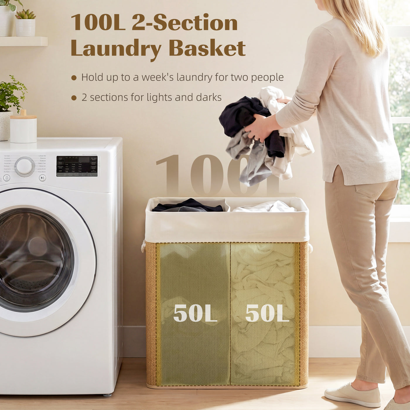 Double Laundry Basket with Lid, 100L Bamboo Laundry Hamper with Rope Handles and Removable Bags, Brown