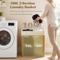 Double Laundry Basket with Lid, 100L Bamboo Laundry Hamper with Rope Handles and Removable Bags, Brown