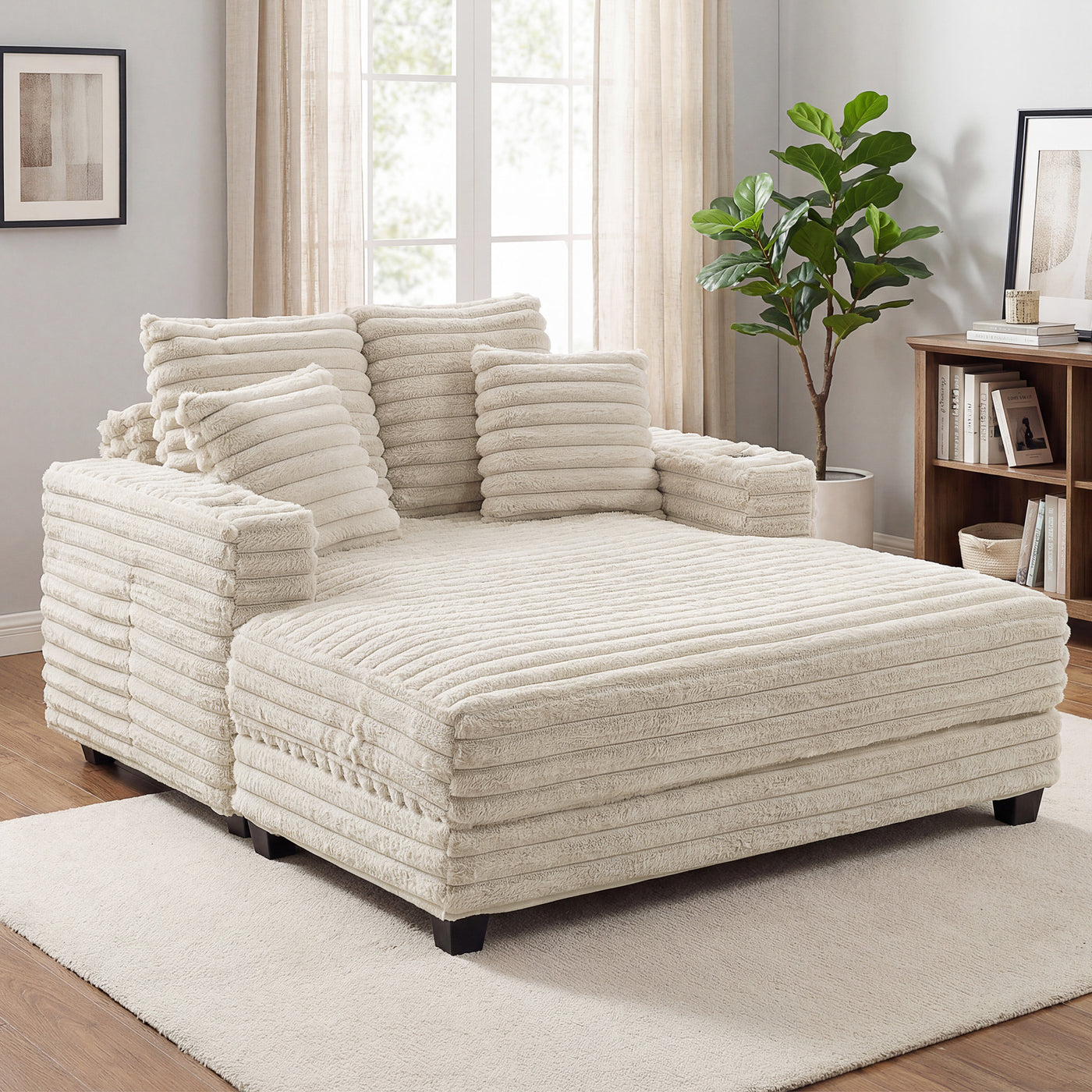 60" Chaise Lounge Chair, Oversized Upholstered Sofa Bed with Cup Holders & Pillows, Sleeper Couch for Living Room, Beige