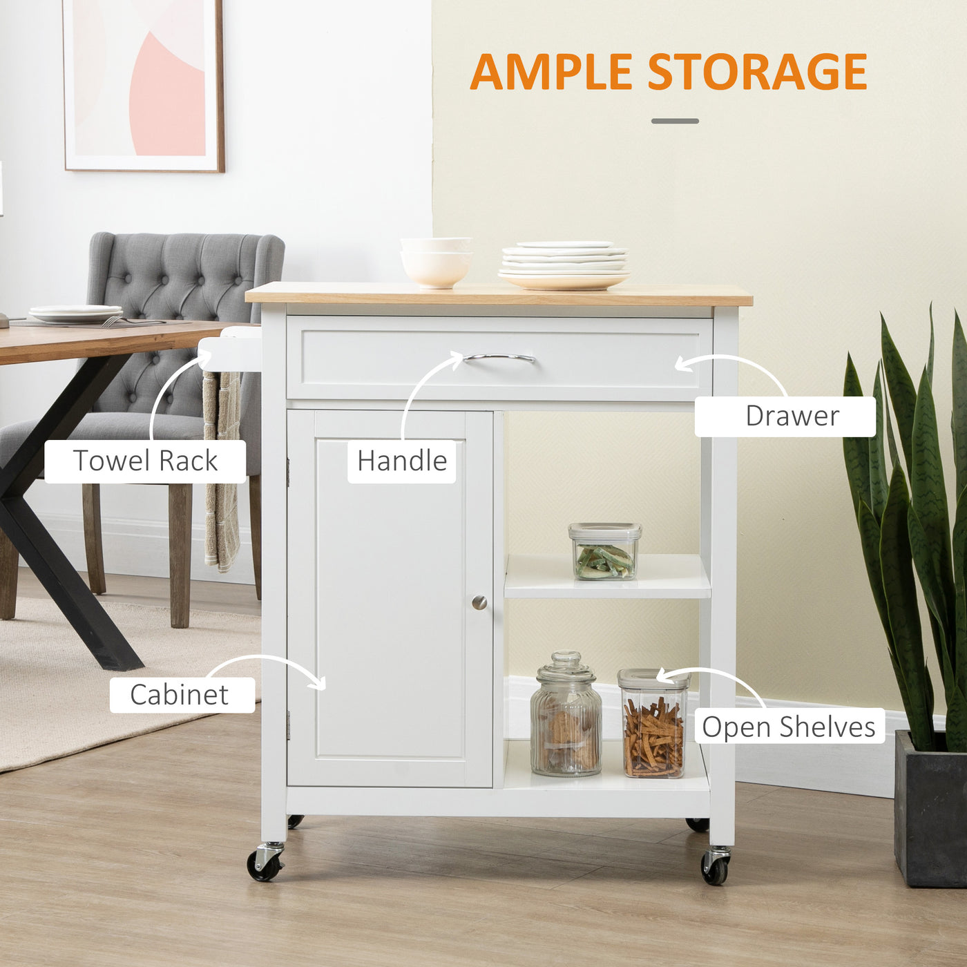 Rolling Kitchen Cart with Wood Top and Drawer, Kitchen Island on Wheels for Dining Room, White