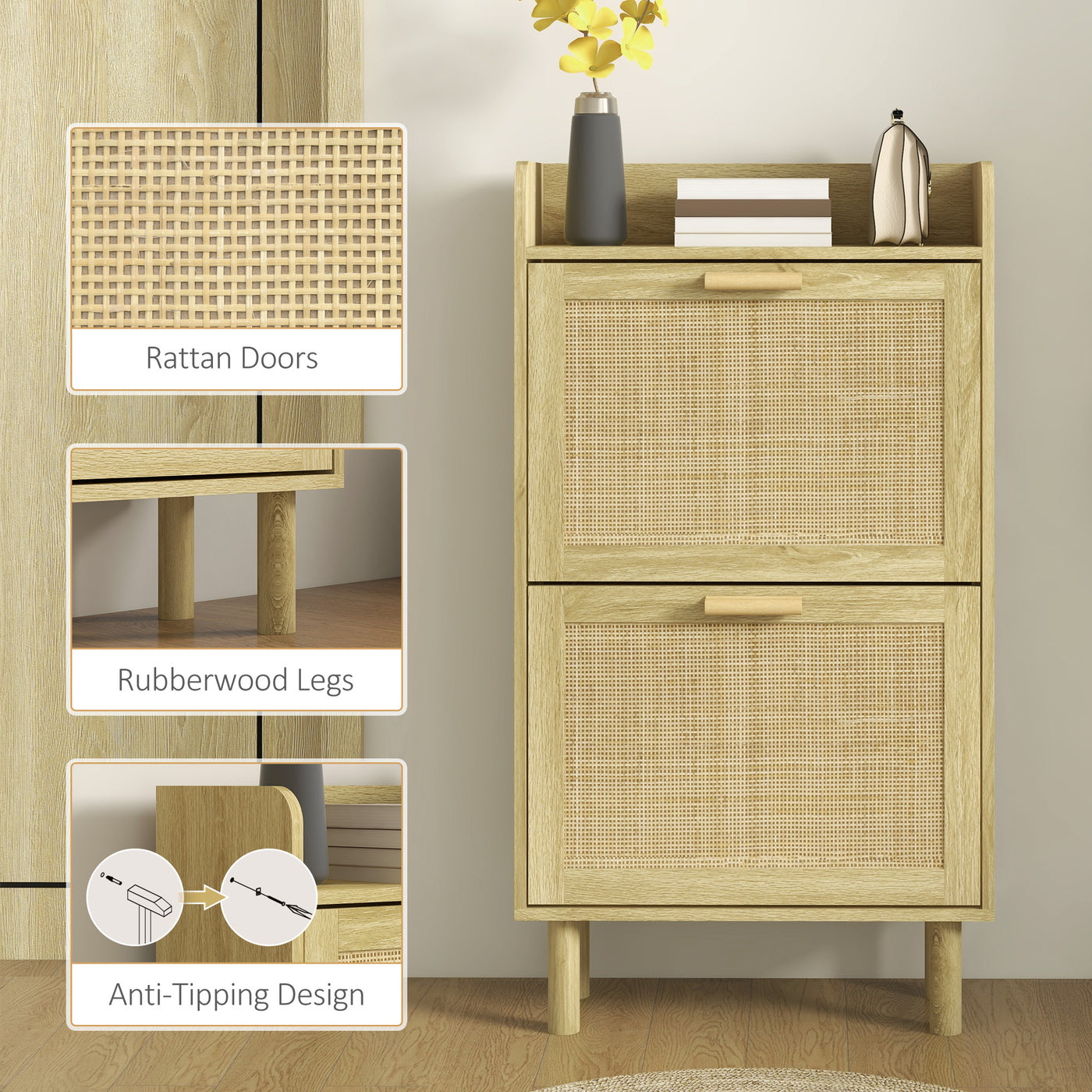 Slim Shoe Storage with 2 Flip Drawers and Adjustable Shelves, Rattan Shoe Cabinet Organizer for 12 Pair, Oak
