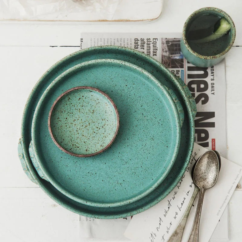 KINGLANG  Japanese Green Color Retro Handmade Ceramic Plates Single Home Restaurant Teacup Round Steak Plate Rice Salad Bowl