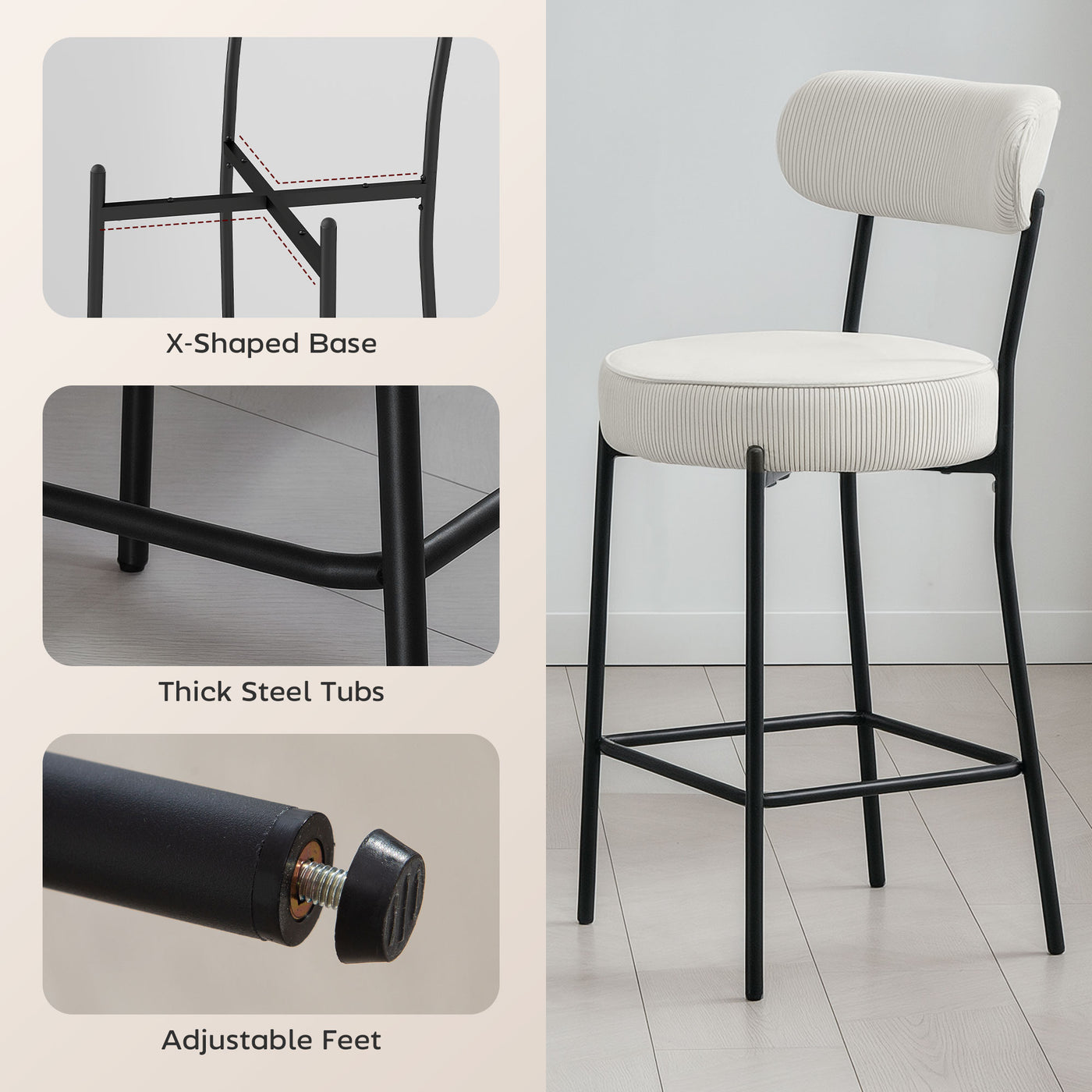 Set of 2 Barstools, Upholstered Corduroy Bar Stools with Backrest, Footrest for Kitchen Island, Dining Room, Cream White