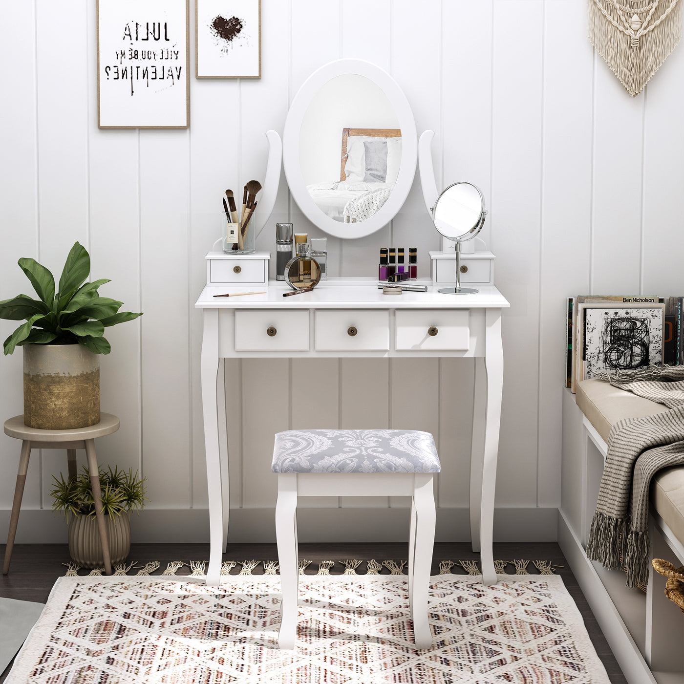 Wooden Vanity Table Set, Makeup Dressing Table with 360° Rotating, 5 Drawers and Padded Stool, White