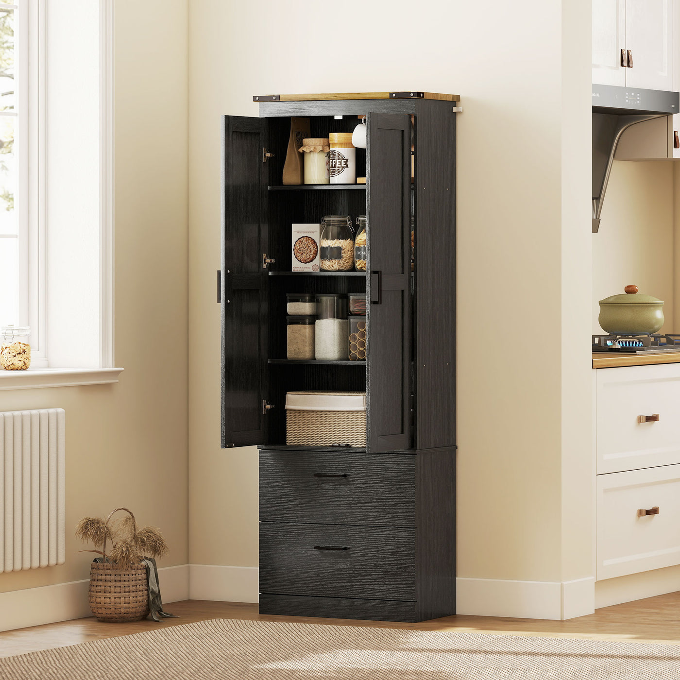 67" Tall Kitchen Pantry Storage Cabinet, Kitchen Pantry Cabinet with Doors, Drawers and Adjustable Shelves, Black