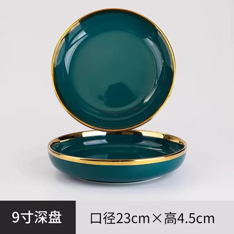 MT Nordic Light luxury golden border ceramic dishes dishes tableware high grade grandmother green household dishes steak plate