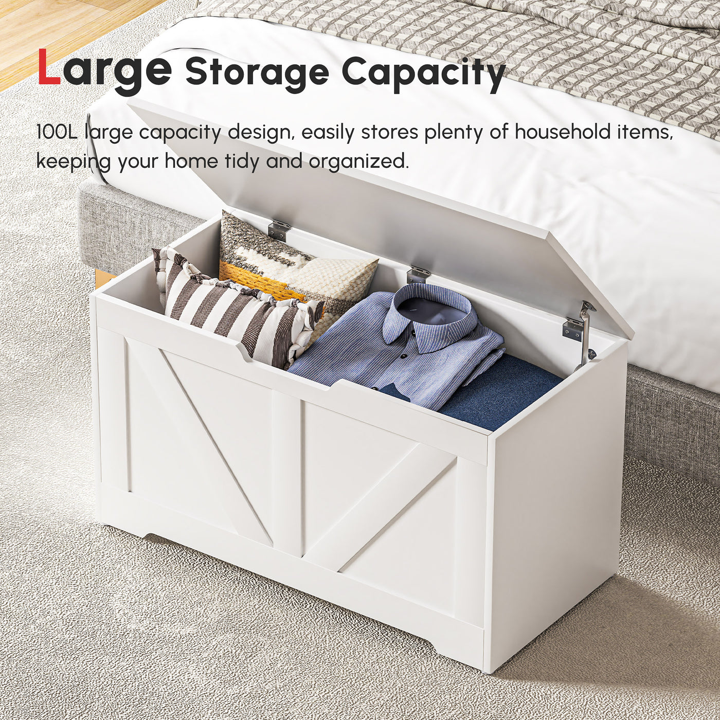 31.5 Inches Storage Chest, Storage Trunk with 2 Safety Hinges, Wooden Box for Living Room, White Wood Grain