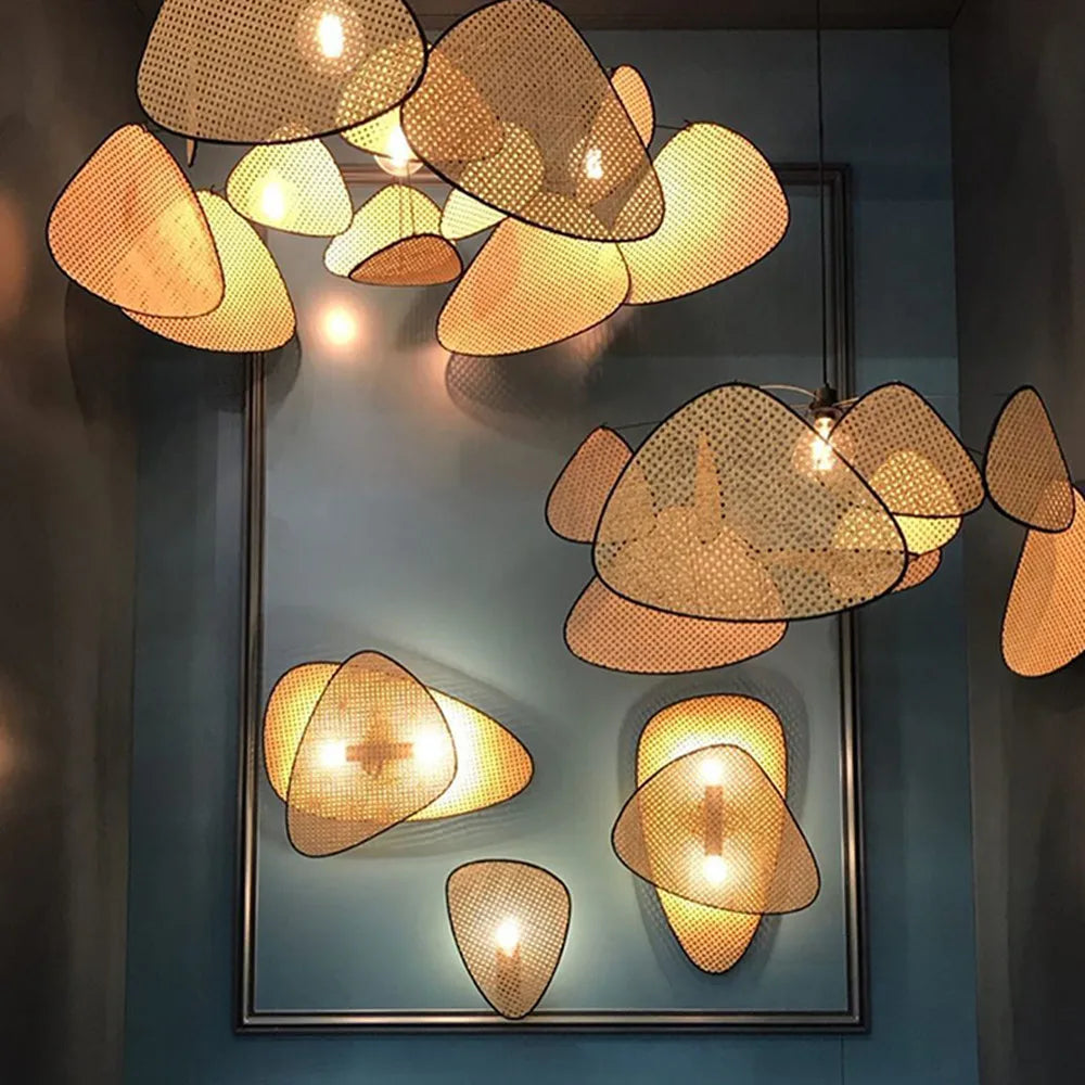 Rattan chandelier Wicker Suspension lamp Screen Cannage Kitchen Wood Bamboo chandelier e27 Creative Leaf Grid Hand designer lamp