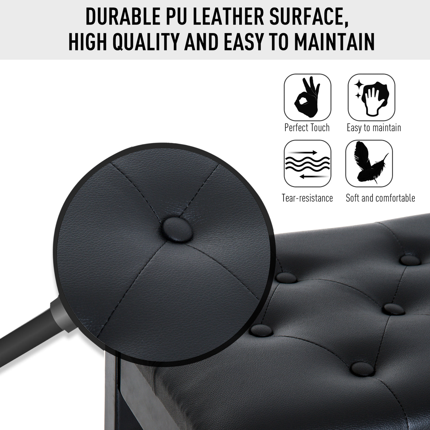 30" Piano Bench with Padded Cushion and Storage, Faux Leather Keyboard Bench with Solid Wood Legs, Black