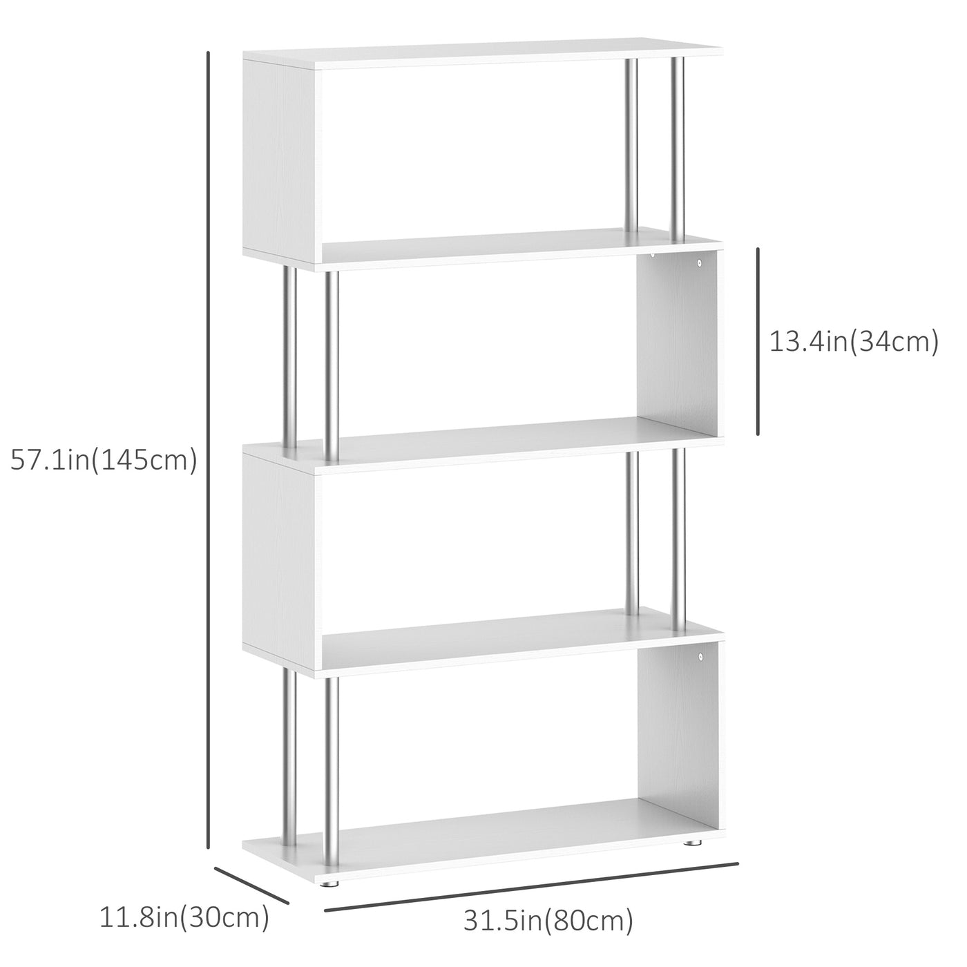 5-Tiers Geometric Wooden Bookcase S-Shaped Storage Bookshelf Display with Metal Frame for Living Room, Bedroom, Home Office, White