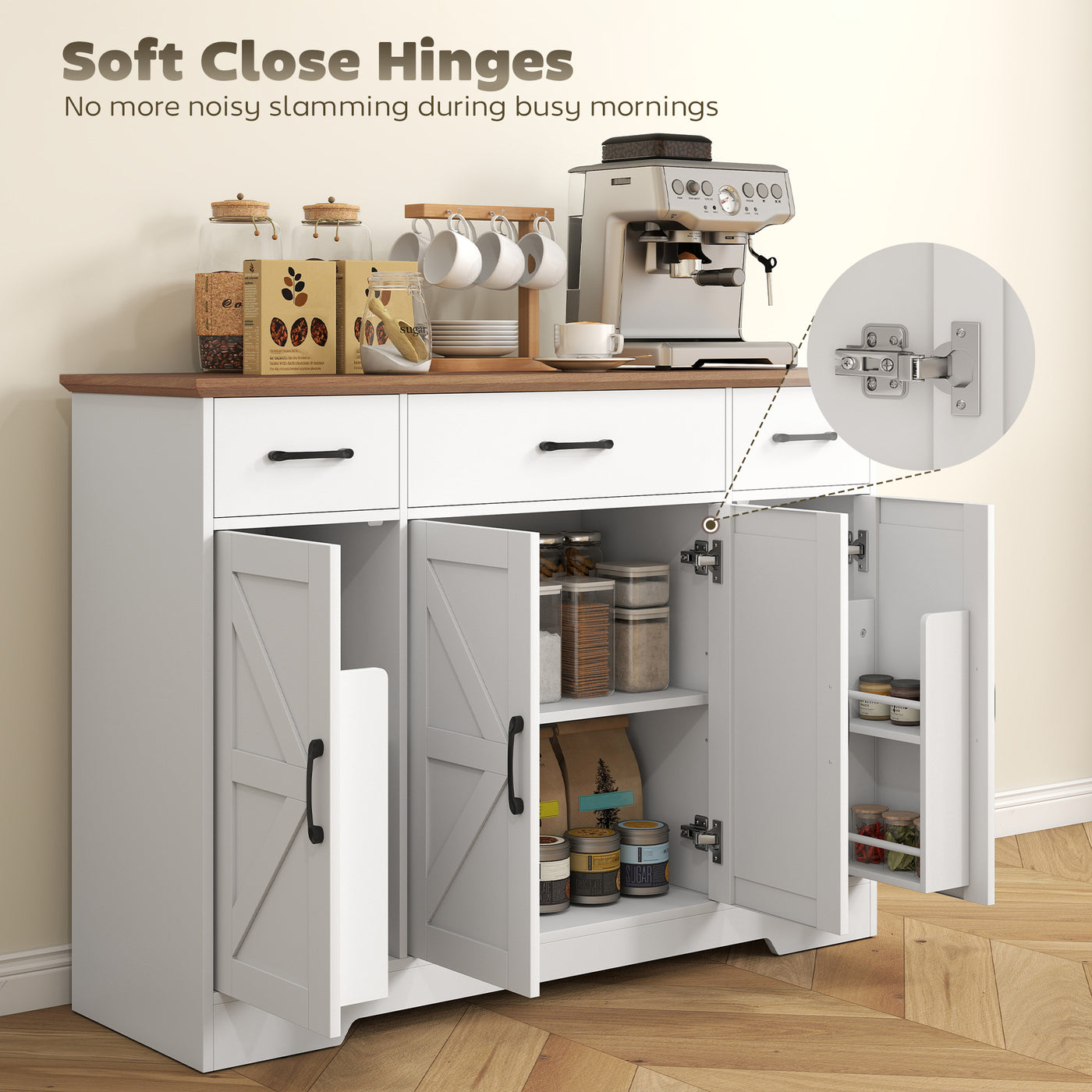 47" Buffet Cabinet with Soft-Close Hinges, Farmhouse Sideboard with 3 Drawers, Adjustable Shelves and Spice Racks, White