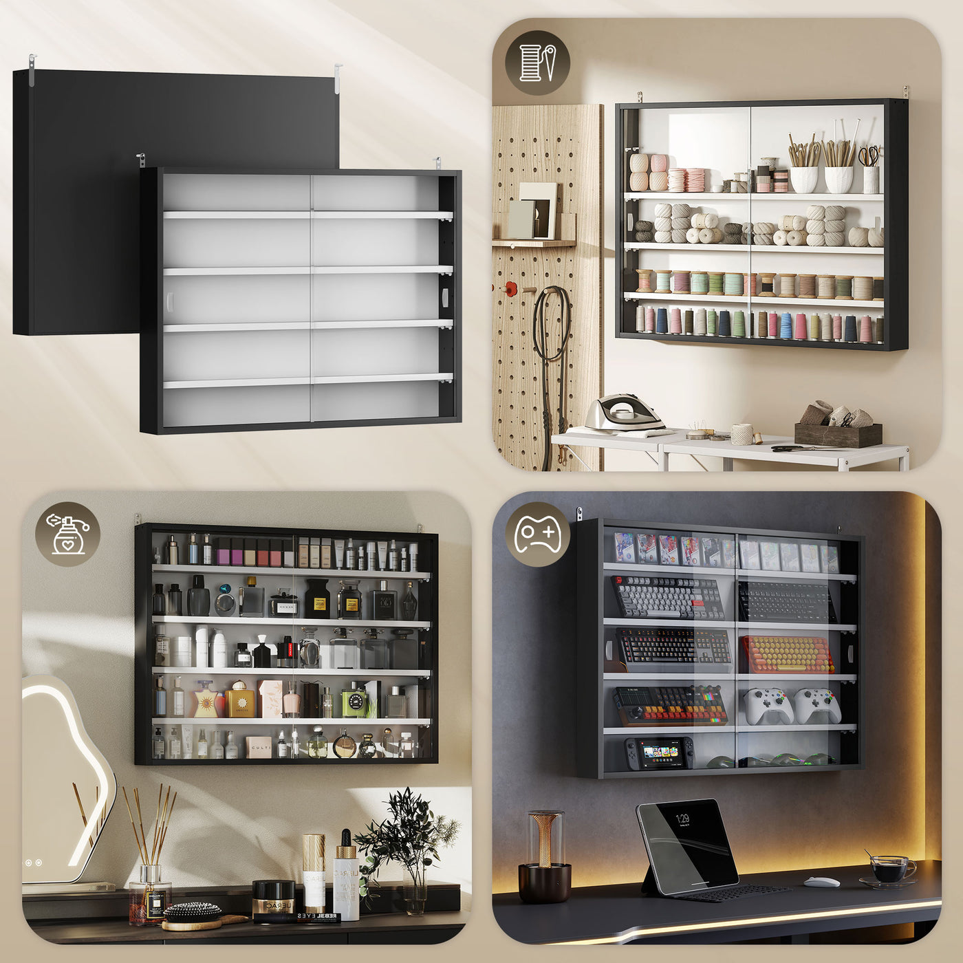 5-Tier Display Cabinet, Shot Glass Display Case, Glass Curio Cabinet with 2 Glass Doors and 4 Adjustable Shelves, Black