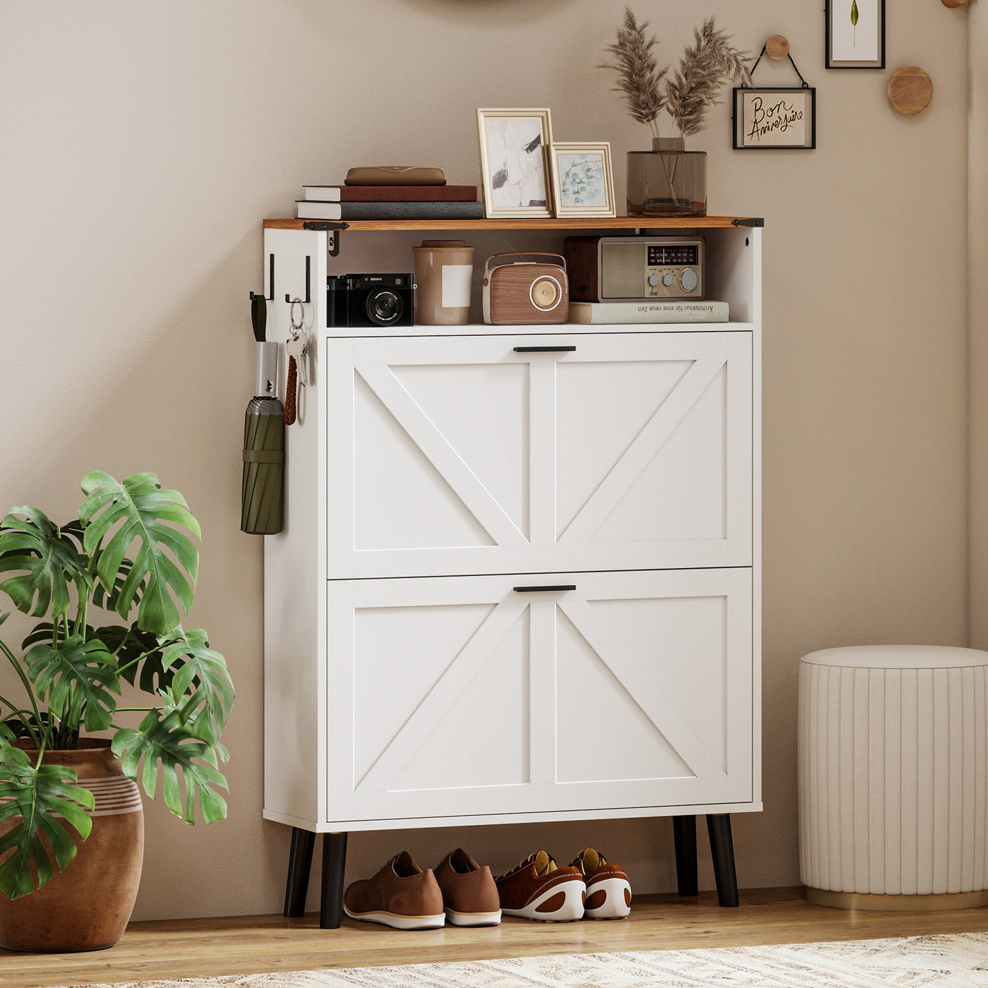 Shoe Storage Cabinet with 2 Flip Drawers, Farmhouse Narrow Shoe Cabinet, Holds Up to 16 Pairs, White