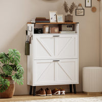 Shoe Storage Cabinet with 2 Flip Drawers, Farmhouse Narrow Shoe Cabinet, Holds Up to 16 Pairs, White