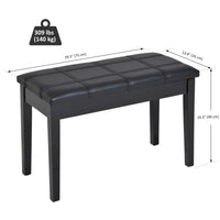 Classic Piano Bench Stool, PU Leather Padded Keyboard Seat with Rubber Wood Legs and Music Storage Compartment, Banded Seat, Black
