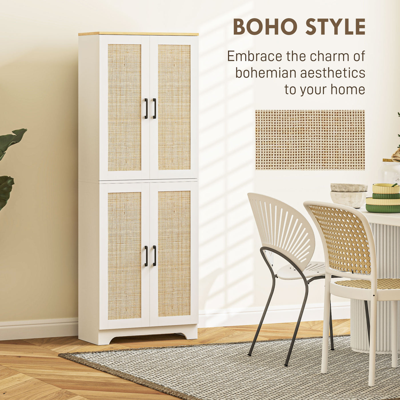 67" Tall Kitchen Pantry, Freestanding Kitchen Storage Cabinet with 4 Rattan Doors and Adjustable Shelves, White