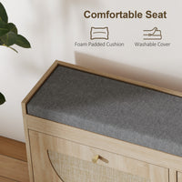 Shoe Bench with Flip Doors, Seat Cushion, Adjustable Shelves for 8 Pairs, Boho Entryway Bench for Bedroom, Natural Wood
