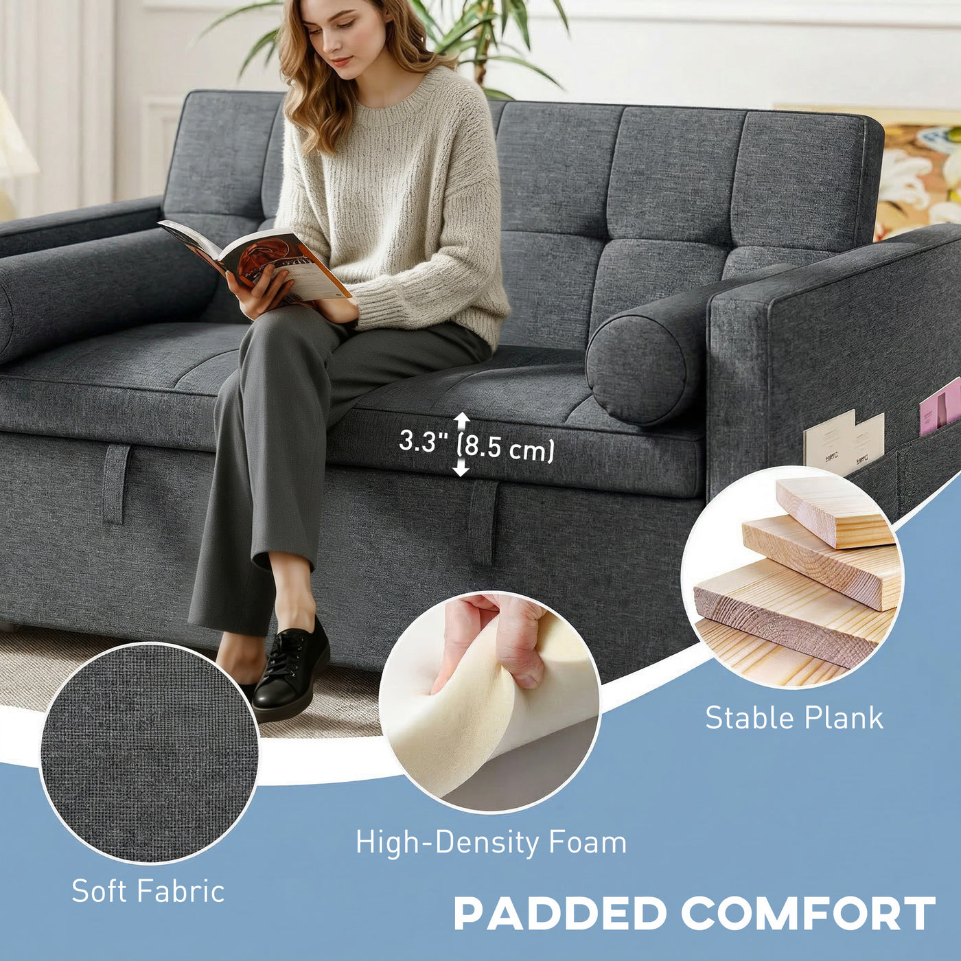 Pull Out Sofa Bed, Sleeper Sofa Couch with USB Ports, Small Linen Loveseat Futon Couch for Living Room, Dark Grey