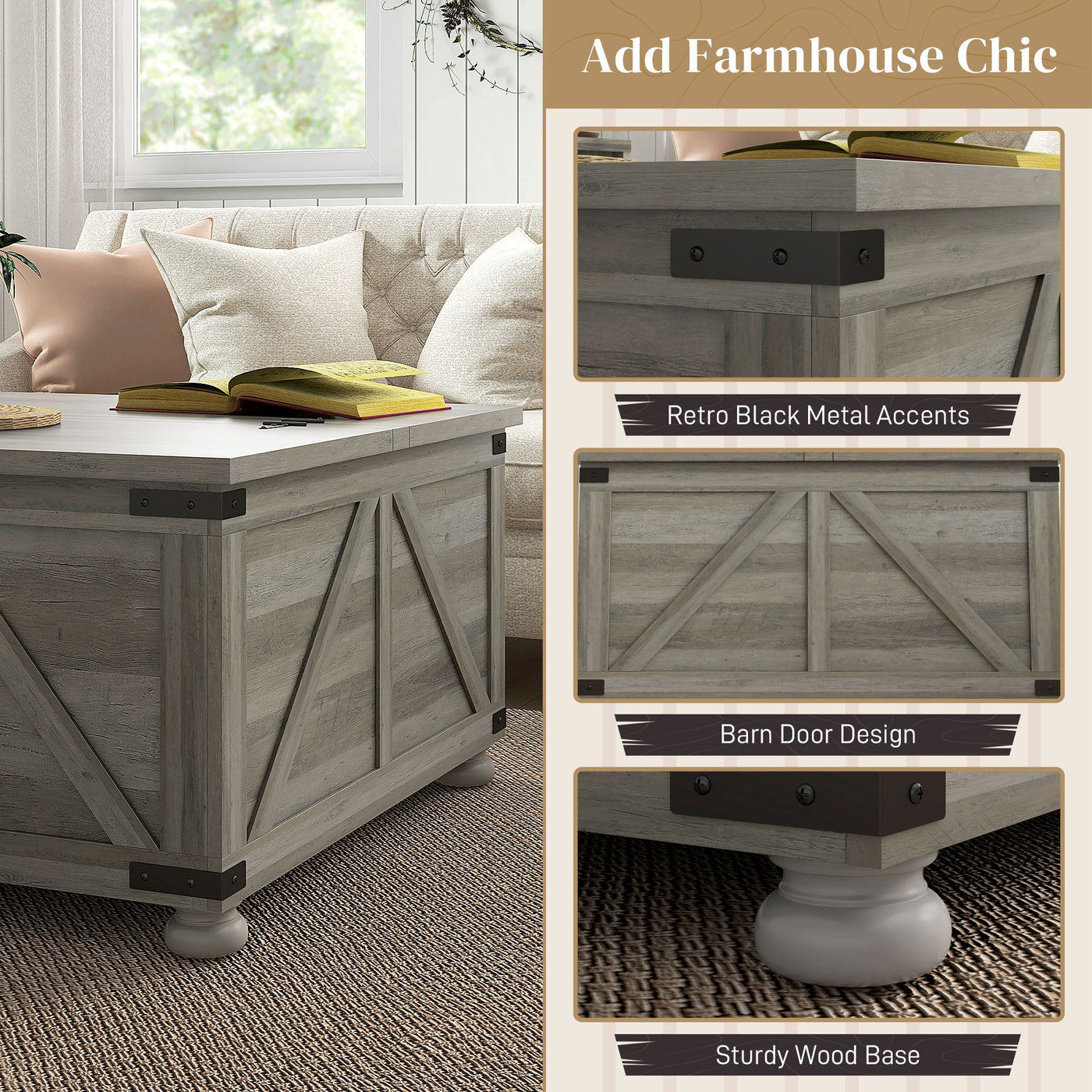 Farmhouse Coffee Table, Square Center Table with Flip-top Lids, Hidden Storage Compartment and Wooden Legs, Distressed Grey