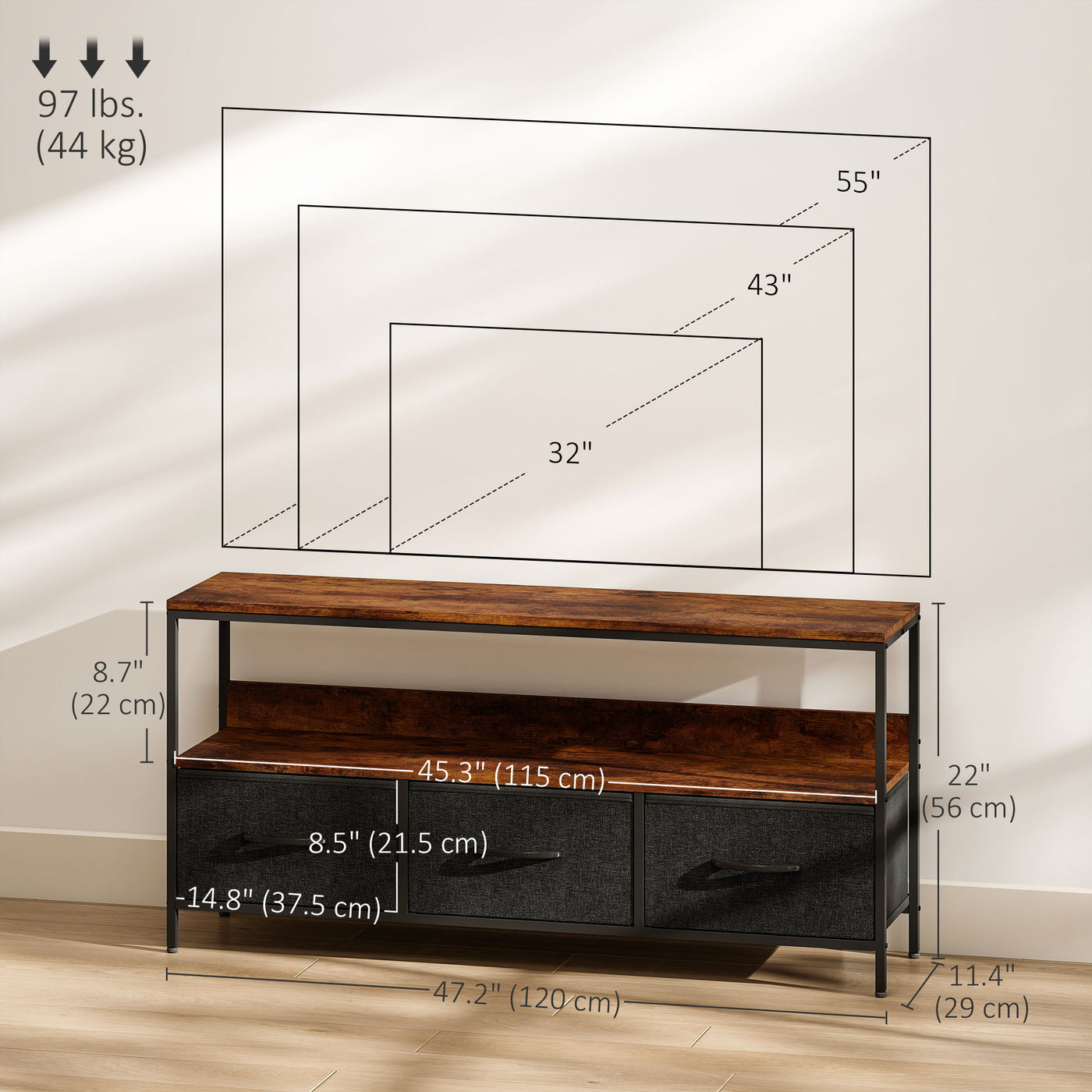 TV Stand with Charging Station, TV Table with 3 Foldable Linen Drawers and Open Shelf for 55 Inch Television, Rustic Brown