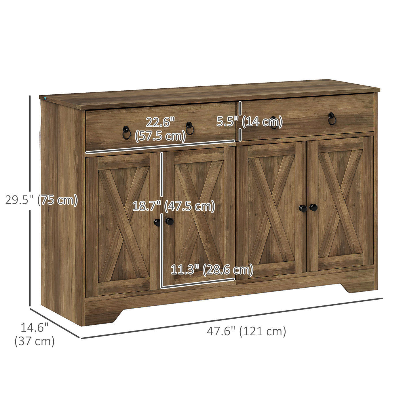 Sideboard Cabinet with 2 Drawers, 4 Barn Doors and 2 Adjustable Shelves, Buffet Table for Living Room, Light Brown