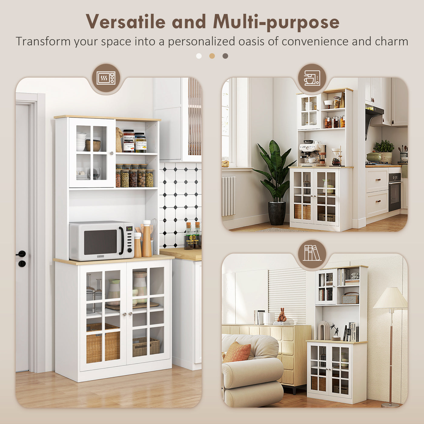 Kitchen Buffet with Hutch, Storage Pantry with 3 Cabinets, 2 Open Shelves and Large Countertop, White