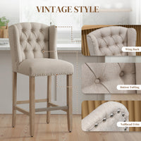 Counter Height Bar Stools Set of 2, Upholstered Bar Chairs with Nailhead Backrest and Footrest, Modern Barstools for Kitchen, Dining Room, Beige